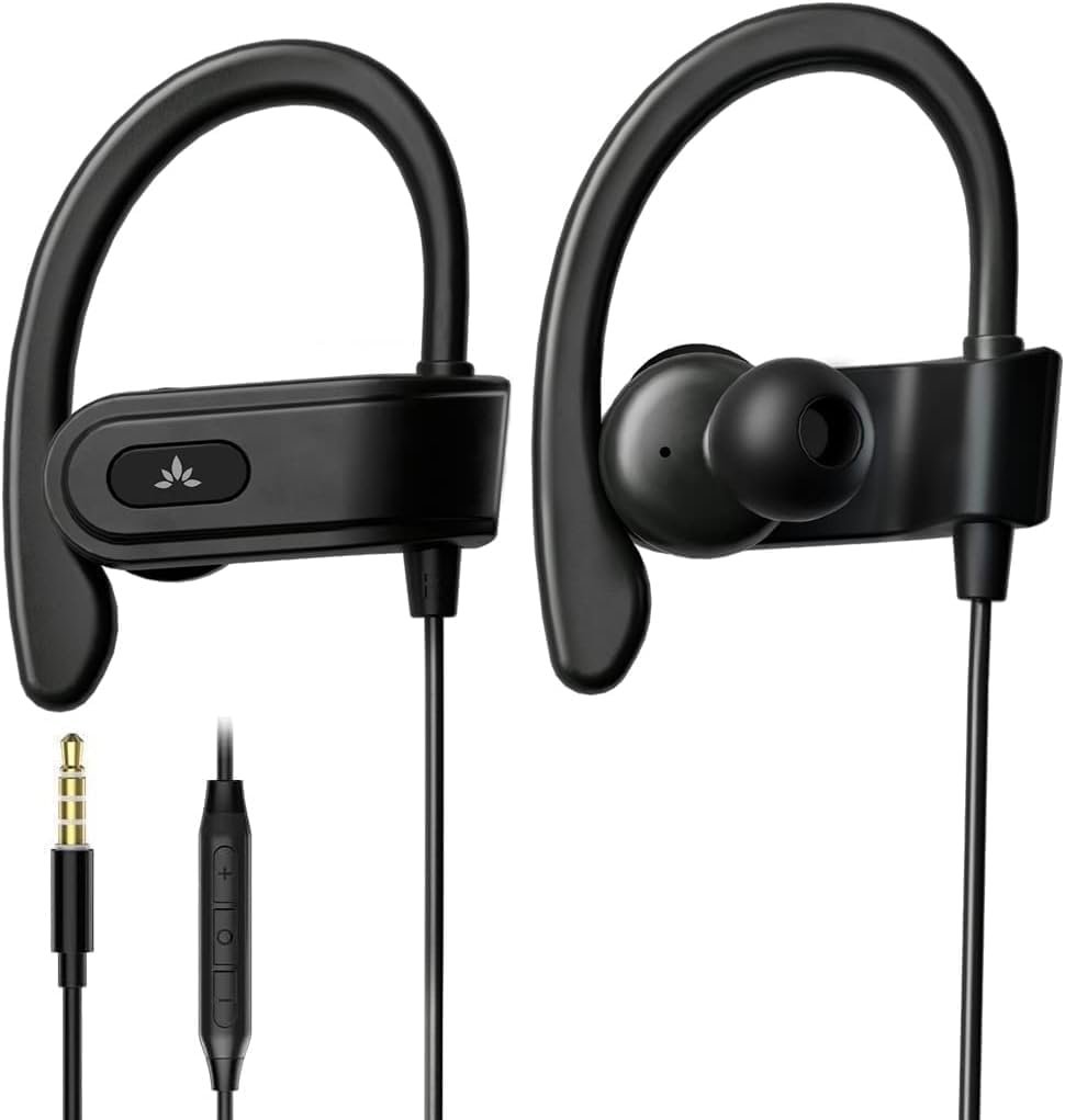 Avantree E171 – AUX 3.5mm Wired Earbuds with Microphone & in-Line Volume Control, Compatible with Traditional 3.5mm AUX Phones Corded Headphones with Ear Hook for Running & Sports, Black