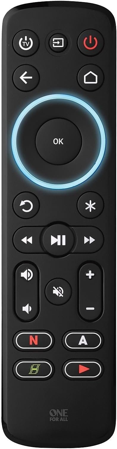 One For All Streamer Remote (New, in Retail Packaging) – Controls up to 3 Devices – (IR) – Control Your Streamer Box, TV and Sound bar – Learning Feature – Backlit Keys – Black – URC7935