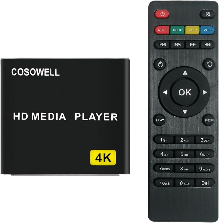 4K Media Player for USB Drive & SD, Ultra HD Digital Signage Player with HDMI/AV Output, H.265 H.264 MKV MP4 Video, MP3 Music, JPG Photo, Auto Play & Resume, Loop Playback