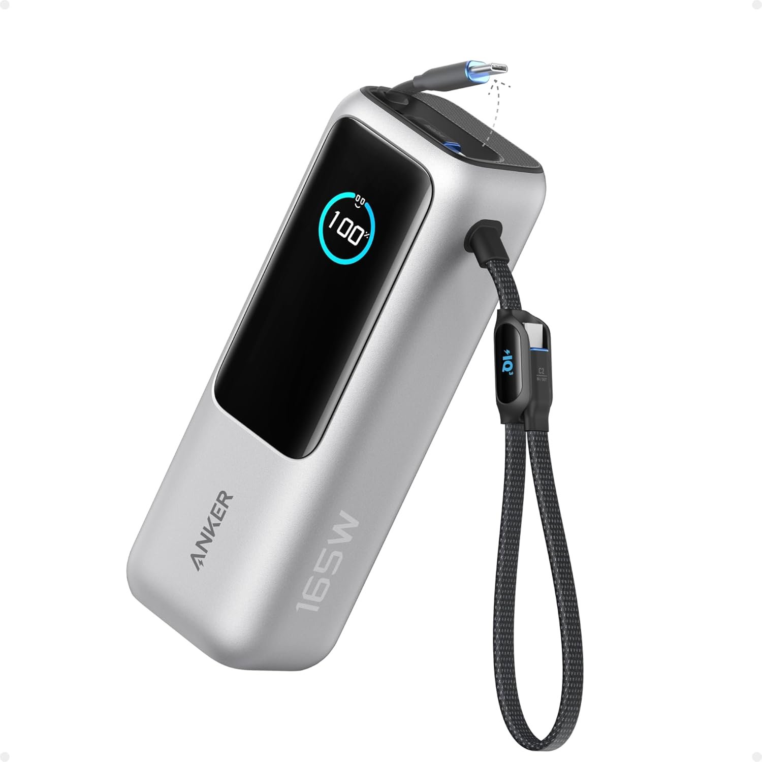Anker Laptop Power Bank,25,000mAh Portable Charger with 165W Total Output,3 USB-C Ports (100W Max Each),Built-in Retractable Cables,Flight-Ready,for iPhone 17/16 Series,MacBook,Samsung,and More