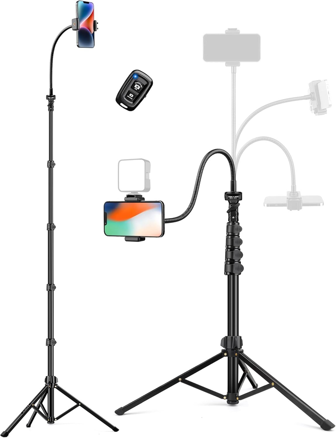 Phone Tripod, 86″ Tall Tripod for iPhone with Flexible Gooseneck & Remote, Portable Aluminum Cellphone Stand for Selfies, Video Recording,Travel, Compatible with iPhone Android