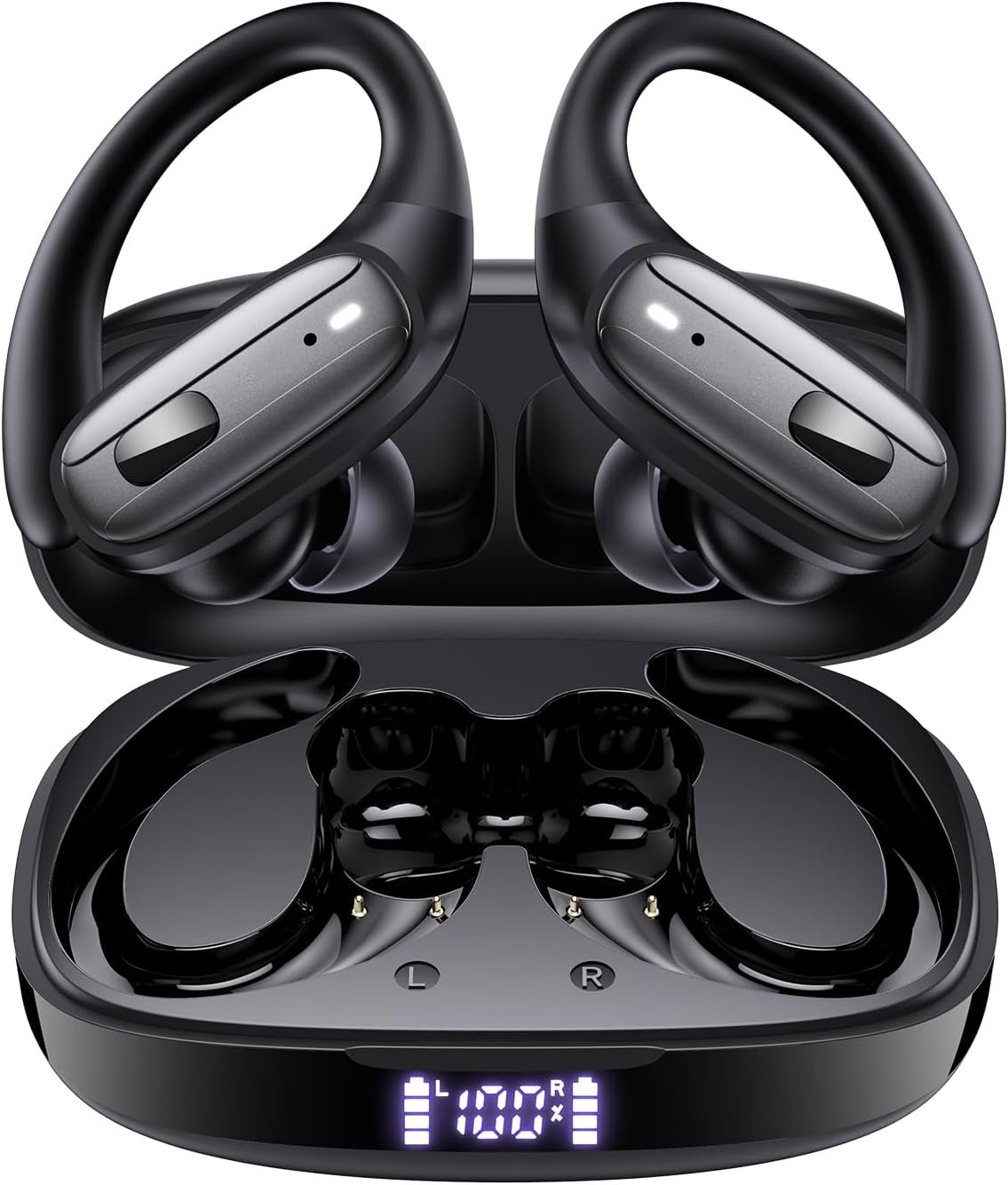 LEEMC Wireless Earbuds, Bluetooth Headphones 5.4, 80Hr Playtime Ear Buds with Hooks for Sports, Noise Canceling, LED Display, IPX7 Waterproof Earphones for Workout Running, Onyx