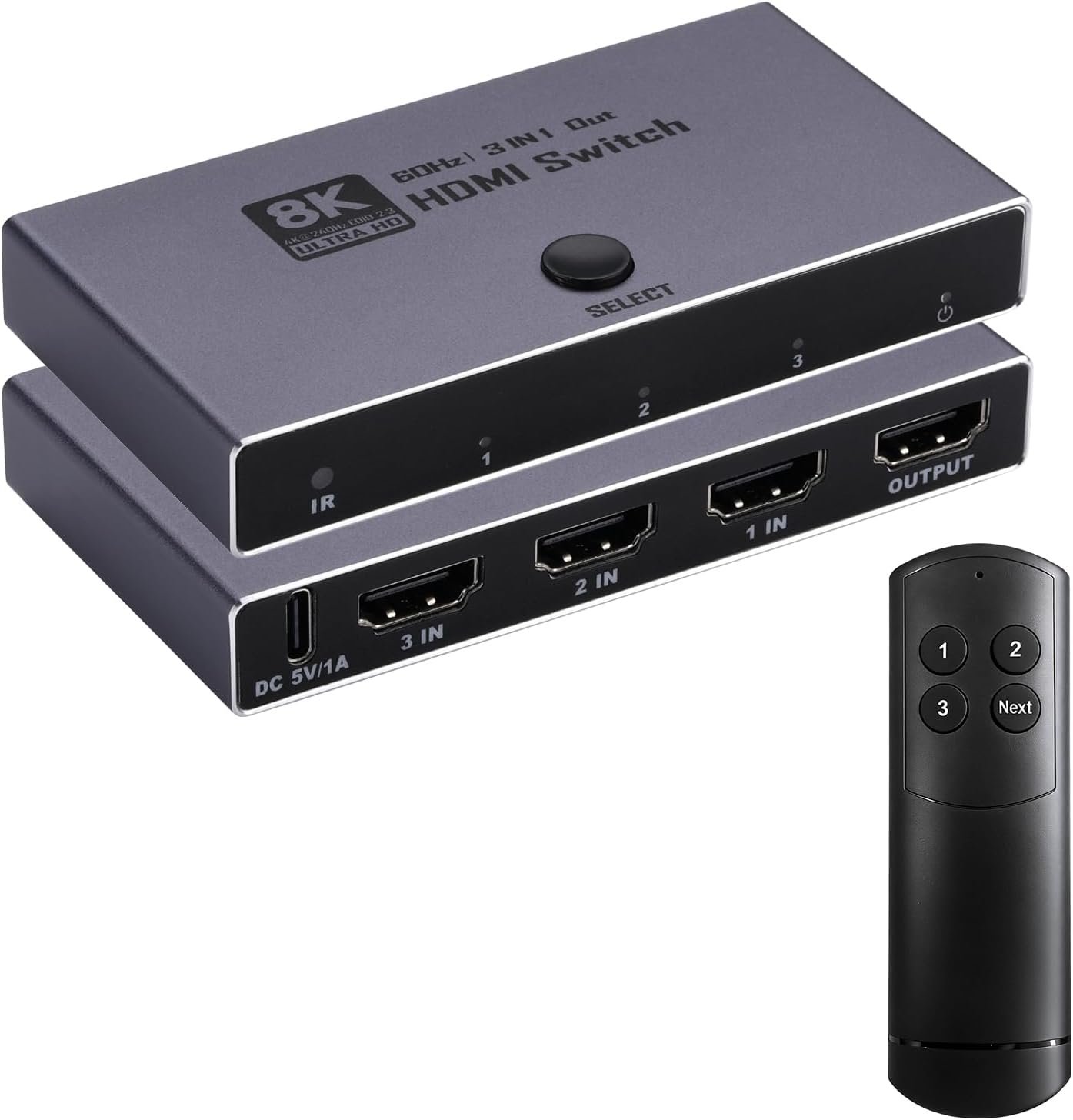 2026 Upgrade 8K HDMI 2.1 Switch, HDMI 2.1 Switcher 3 In 1 Out Supports CEC 8K@60Hz, 4K@240Hz, 1080P@480Hz HDCP 2.3 HDR Dolby Atmos VRR Compatible with PS5 Xbox Blu-Ray Player with IR remote controller