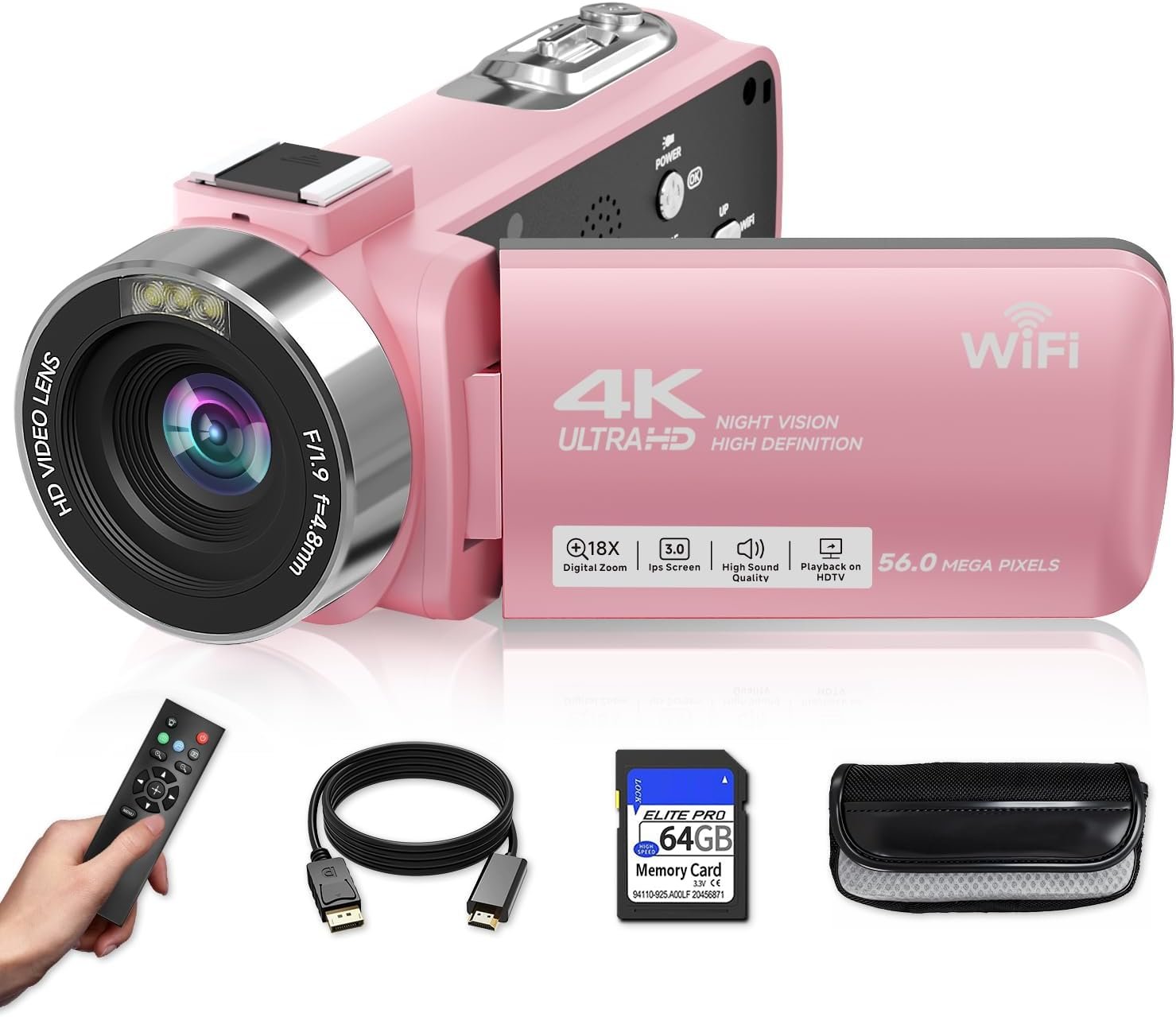 Video Camera, 4K Camcorder 56MP Digital Video Recorder 18X Zoom 3″ 270° Rotation Touchscreen IR Night Vision, Wifi Vlogging Camera for YouTube 64GB Card Anti-Shake Remote Control Camera Bag Lens Cap