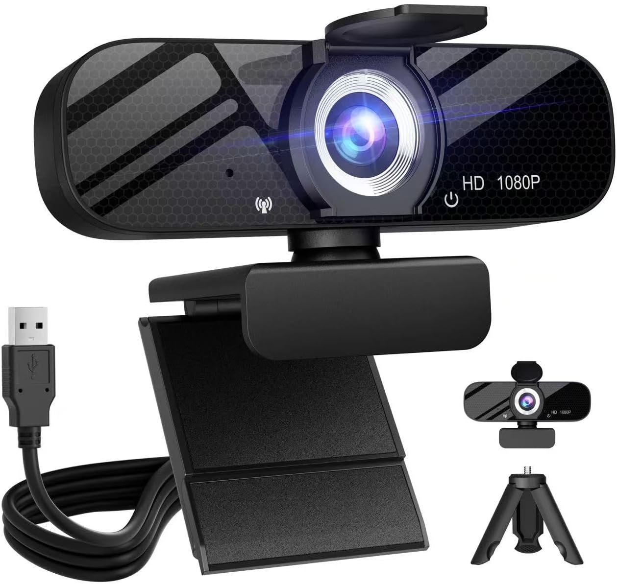 HD 1080P Webcam with Built-in Microphone and Rotatable Tripod, 1080P Video and Wide Angle Camera, Privacy Cover, for Desktop PC or Laptop Computer （Black）