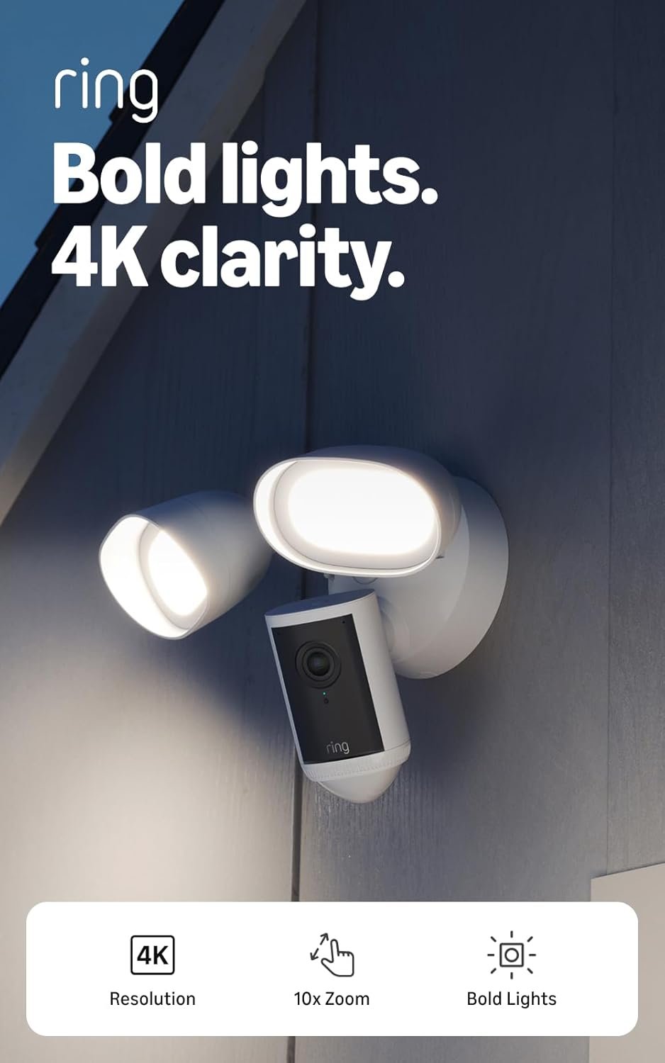 Ring Floodlight Cam Pro, Wired (newest model), Home or business security, Retinal 4K with wide-angle video, 10x Enhanced Zoom, and 2000 Lumen Floodlights, White