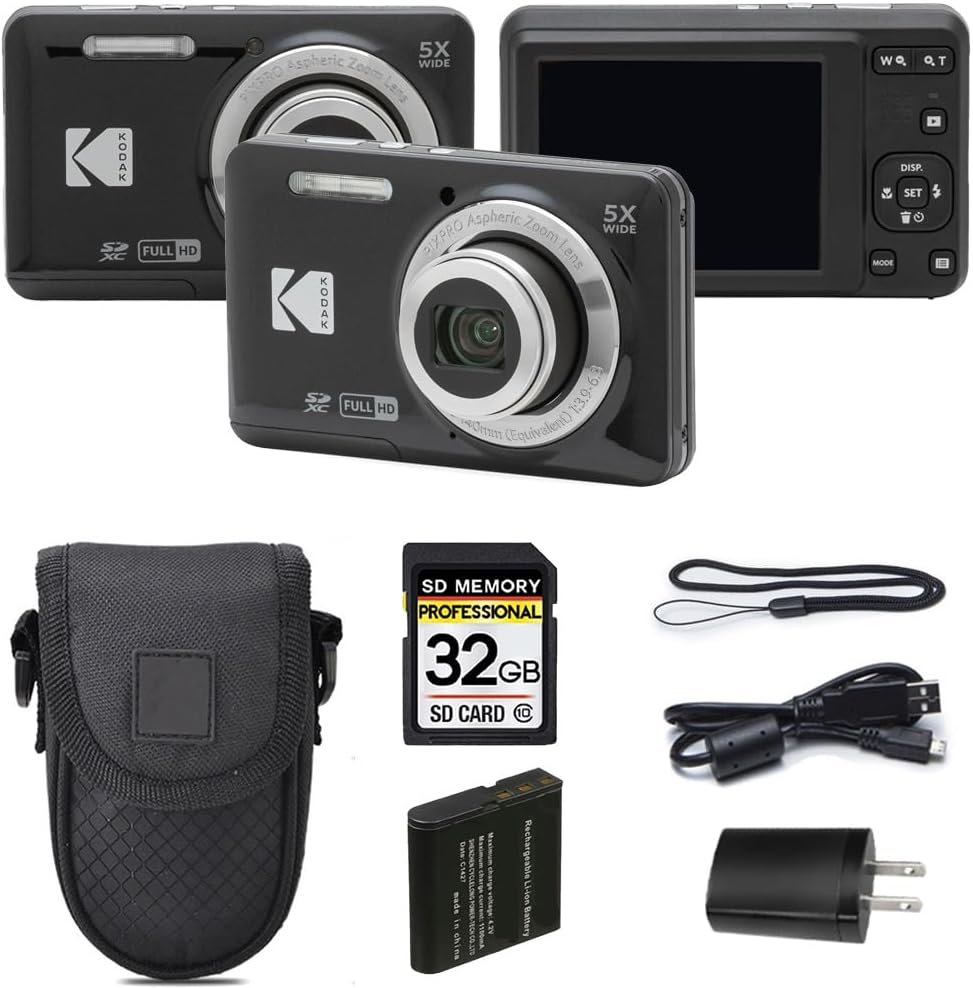 Kodak PIXPRO FZ55 Digital Camera, 16MP Compact Point & Shoot, 5X Optical Zoom, 28mm Wide Angle Lens, 1080P Full HD Video, Black + Camera Case & 32GB SD Card