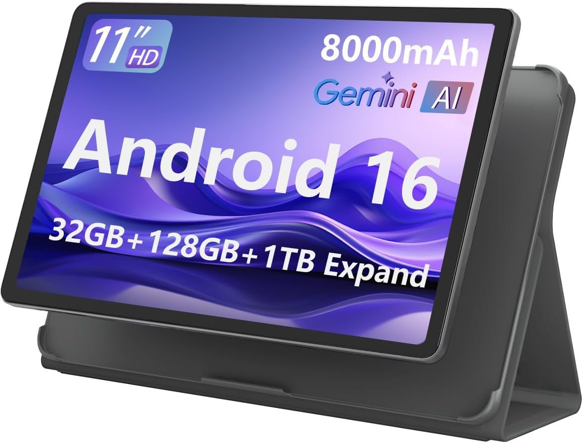 11-inch Android 16 Tablet, 32GB RAM + 128GB ROM (1TB Expand), T7280 Octa-Core 2.2GHz Processor, 90Hz FHD+ IPS Display, 8000mAh Battery, Gemini AI, Face ID, Dual Speakers, Fast Charging (Black)
