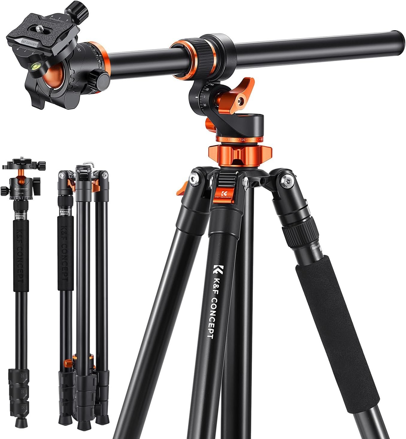 K&F CONCEPT 90”/230cm Ultra High Camera Tripod T254A7+BH-28L | Horizontal Overhead Shooting, Metal Ball Head, 10KG Load Capacity, Detachable Monopod, Flexible Travel Tripods