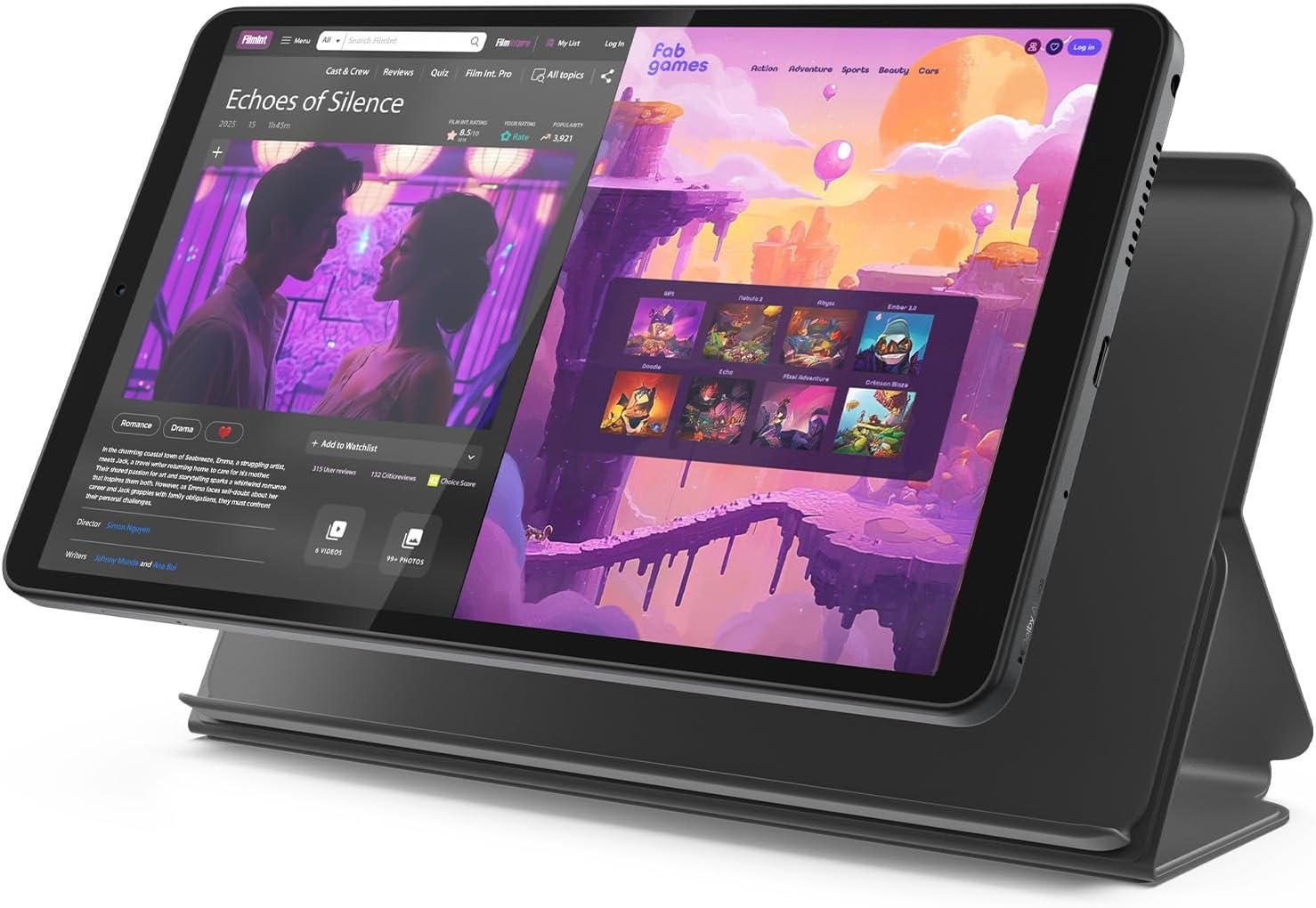Lenovo Tab One – Lightweight Tablet – up to 12.5 Hours of YouTube Streaming – 8.7″ HD Display – 4 GB Memory – 64 GB Storage – MediaTek Helio G85 – Includes Folio Case