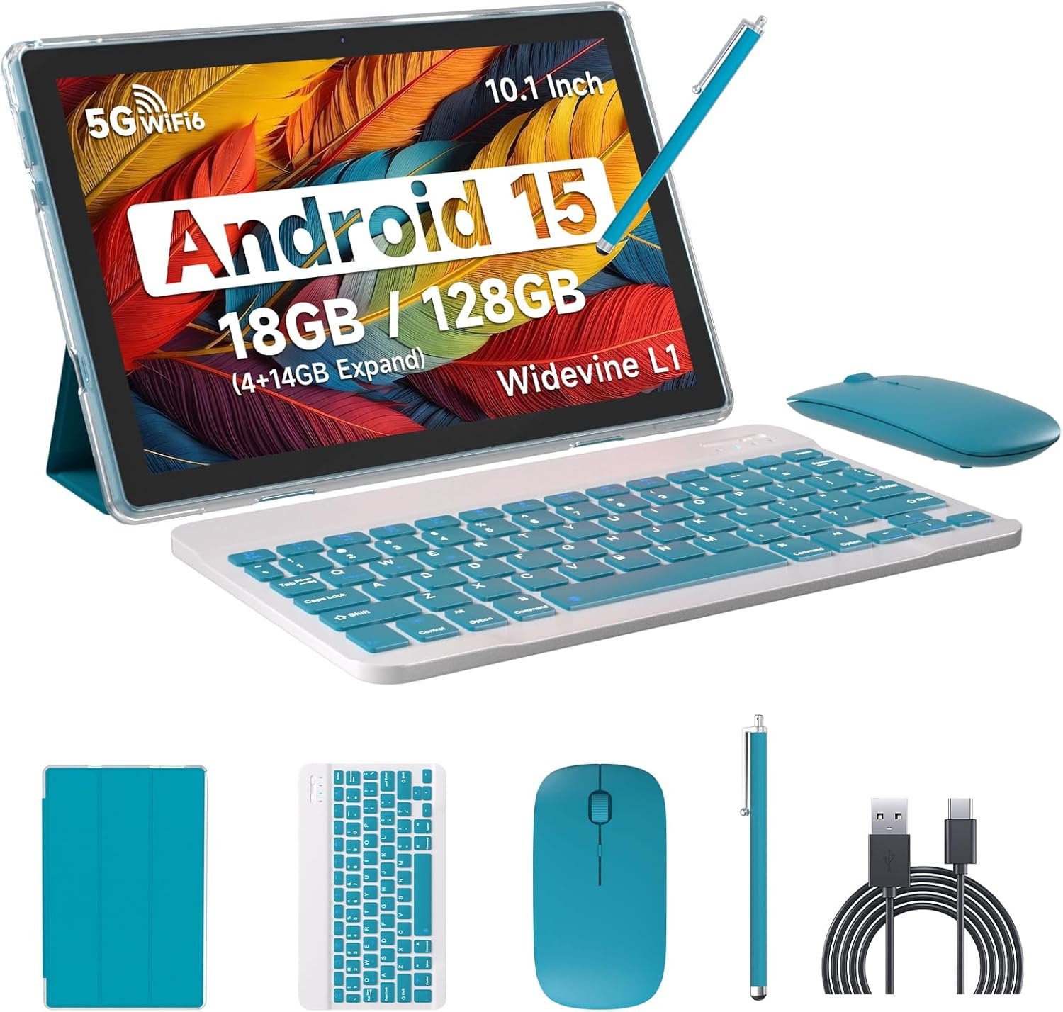 IWEGGO Android 15 Tablet, 10 Inch 18GB RAM+128GB ROM/ 2TB Expandable Tablet, 2.0GHz Quad-core Processor, 1280×800 HD Touchscreen, 5G WiFi6 BT 5.0, 2 in 1 Tablets with Keyboard Case Mouse Stylus, Navy