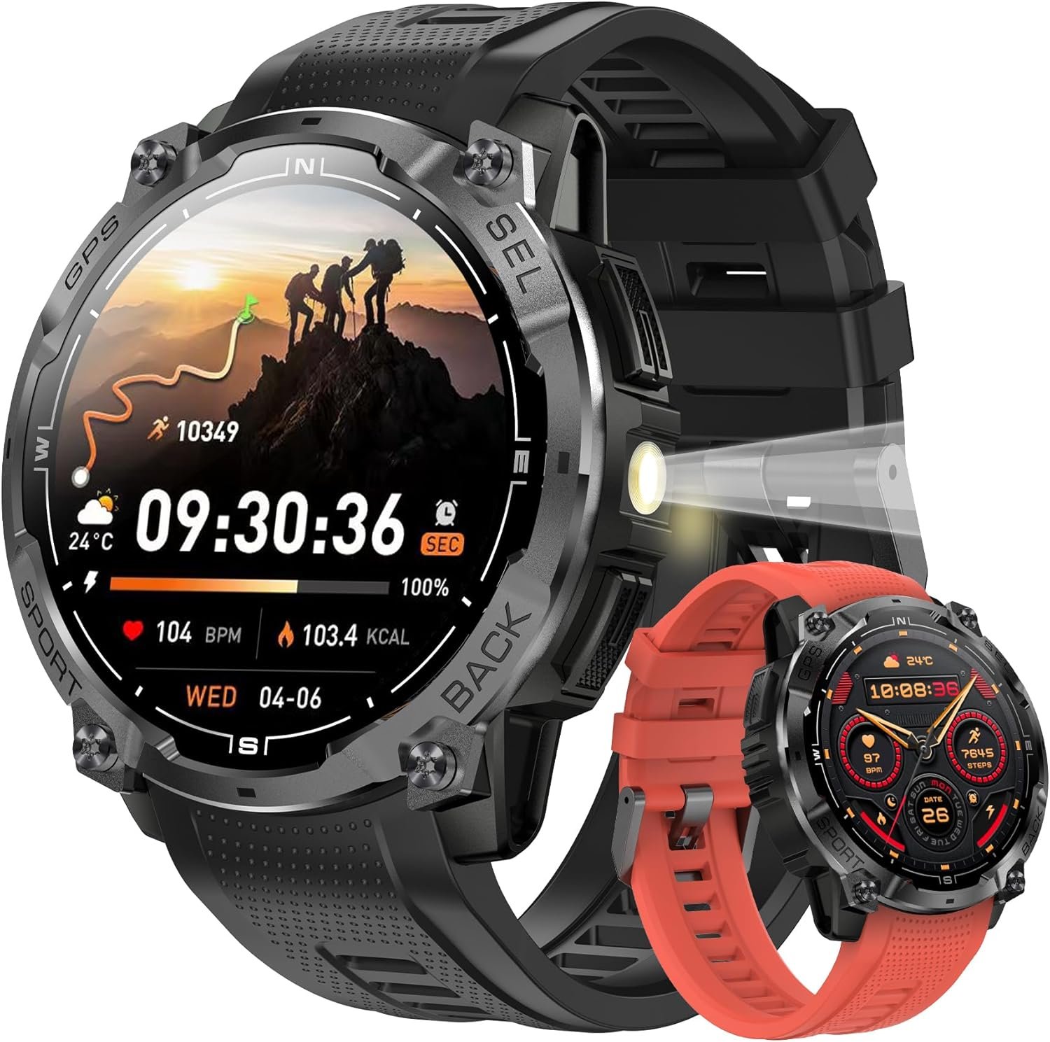 Rugged Military Smart Watch for Men with GPS, 1.43” AMOLED Fitness Tracker Watch with Bluetooth Call/Flashlight/Compass, 170+ Sports Modes Waterproof Mens Smartwatch for Android iPhone