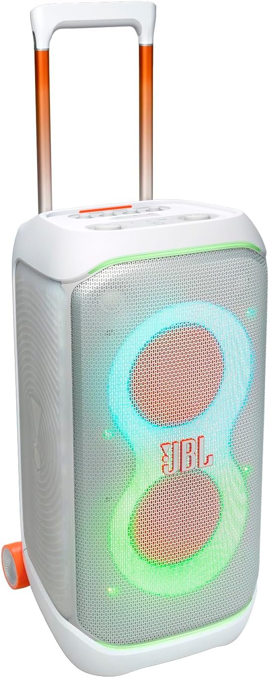 JBL PartyBox Stage 320 – Portable Party Speaker with Telescopic Handle & Wide, Sturdy Wheels, Powerful Pro Sound, Futuristic lightshow, Up to 18 Hours of Play time, Splash Proof (White)