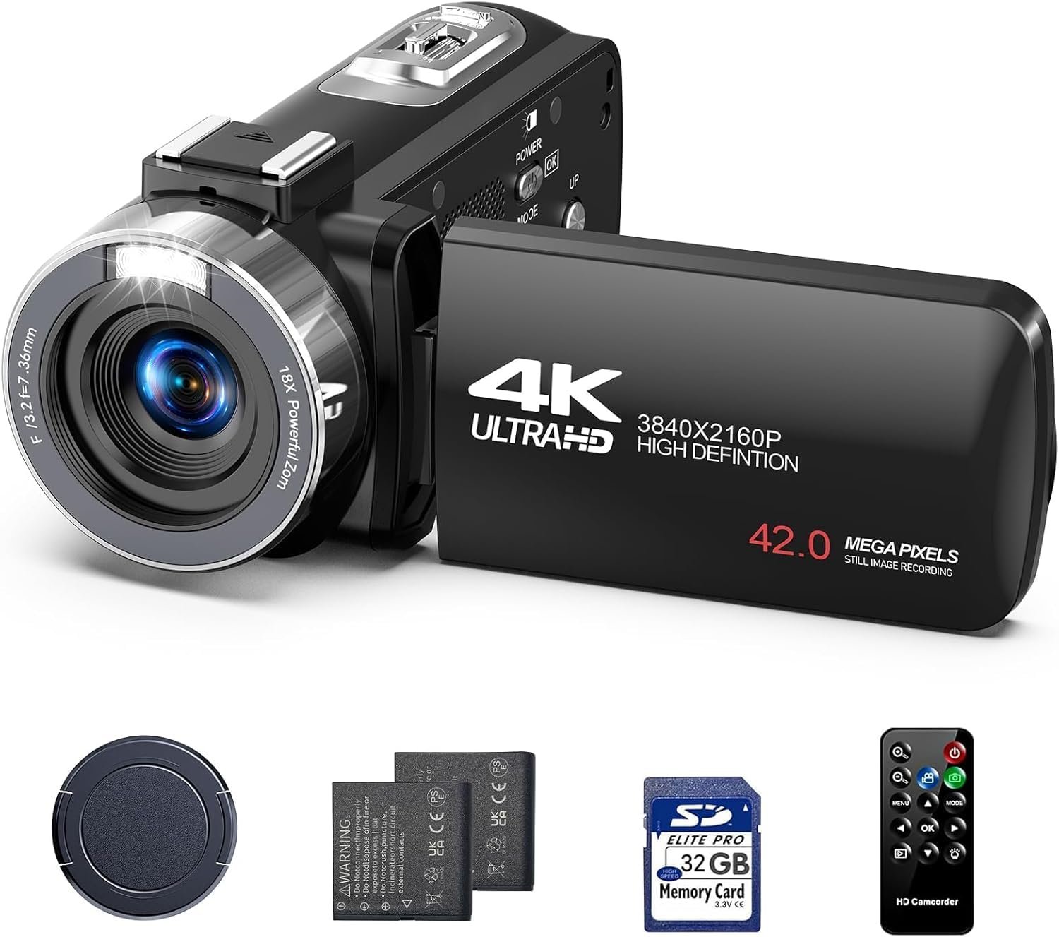 Camcorder Video Camera 4K Digital Camera for Vlogging 42MP 3” 270° Rotation Screen 18X Digital Zoom Cam Corder for YouTube with 2 Batteries, 32GB SD Card, Remote Control