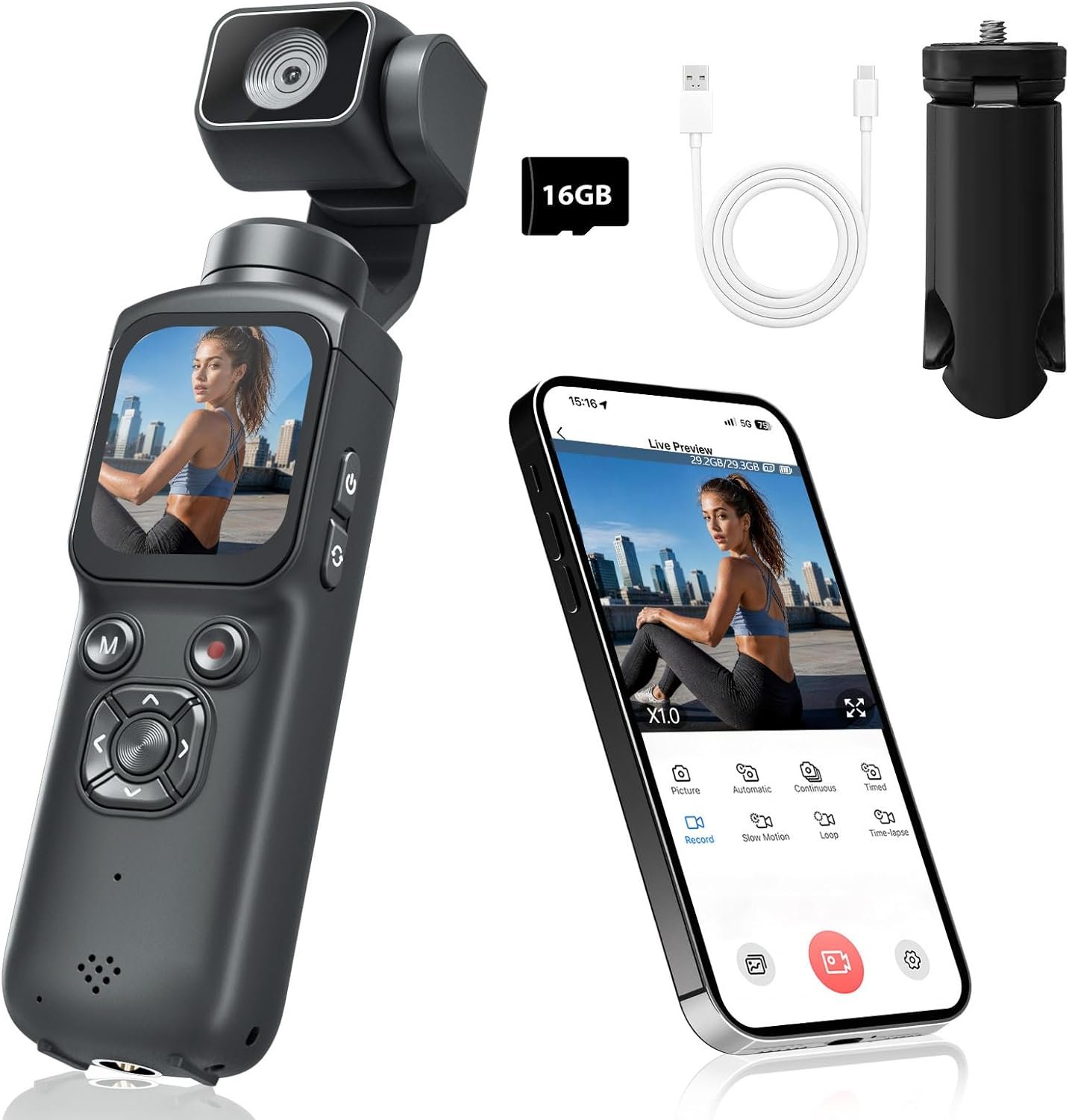 4K Pocket Camera for Vlogging,75MP Handheld Vlogging Camera with 330° Rotating Lens,WiFi,1.72″ Touch Screen,Face Tracking,16GB TF Card & Tripod,Pocket Video Camera for Daily Recording(Gunmetal)