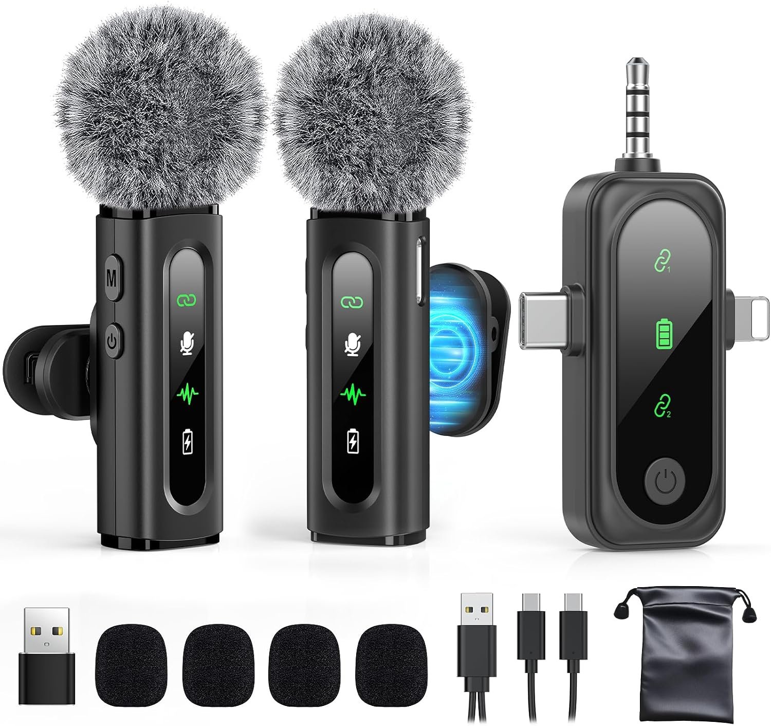 GoorDik Wireless Lavalier Microphone for iPhone, Android, USB C, PC, Camera Video Recording 4 in 1 Clip-on Mics with Rotatable Clip&Denoise Recording, for Vlog Tiktok YouTube Podcast Content Creator