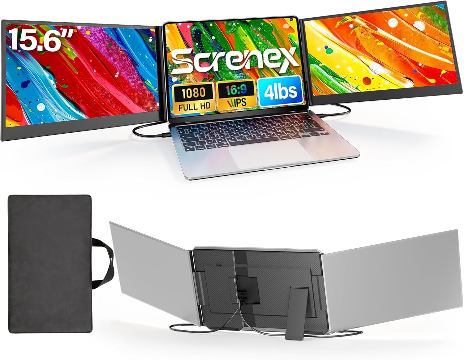 15.6″ Laptop Screen Extender New Upgraded Ultra-Thin & Light, Triple Portable Monitor 1080P FHD IPS, USB-C/HDMI Plug & Play for 13-17.3″ Laptop, Travel Monitor Extender for Windows/Mac/Chrome