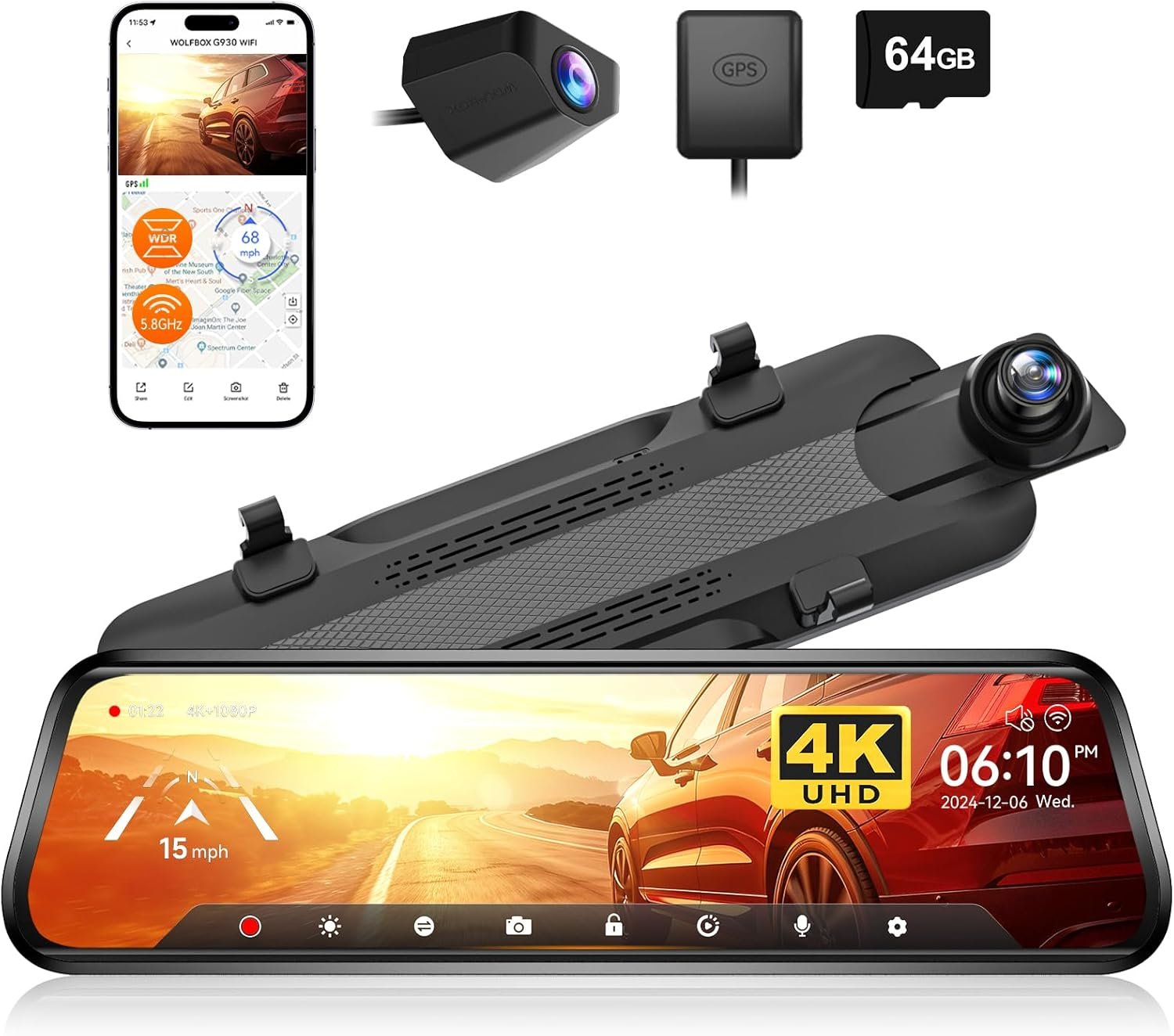 WOLFBOX G930 10” Rear View Mirror Camera with 5.8GHz WiFi, 4K Dash Cam Front and Rear with WDR, Touch Screen Rearview Mirror Backup Camera, Parking Monitor, Reverse Assist, Includes 64GB Card & GPS