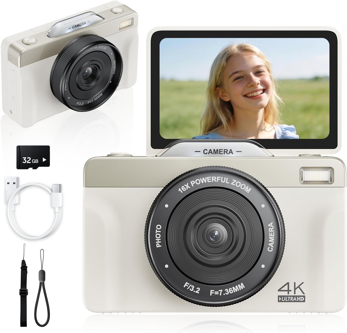 4K Digital Camera for Photography, 2026 Latest 64MP Autofocus WiFi Vlogging Camera for YouTube, 3” 180° Flip Screen Compact Travel Cameras for Beginners with 16X Zoom, 32GB TF Card, Flash (White)