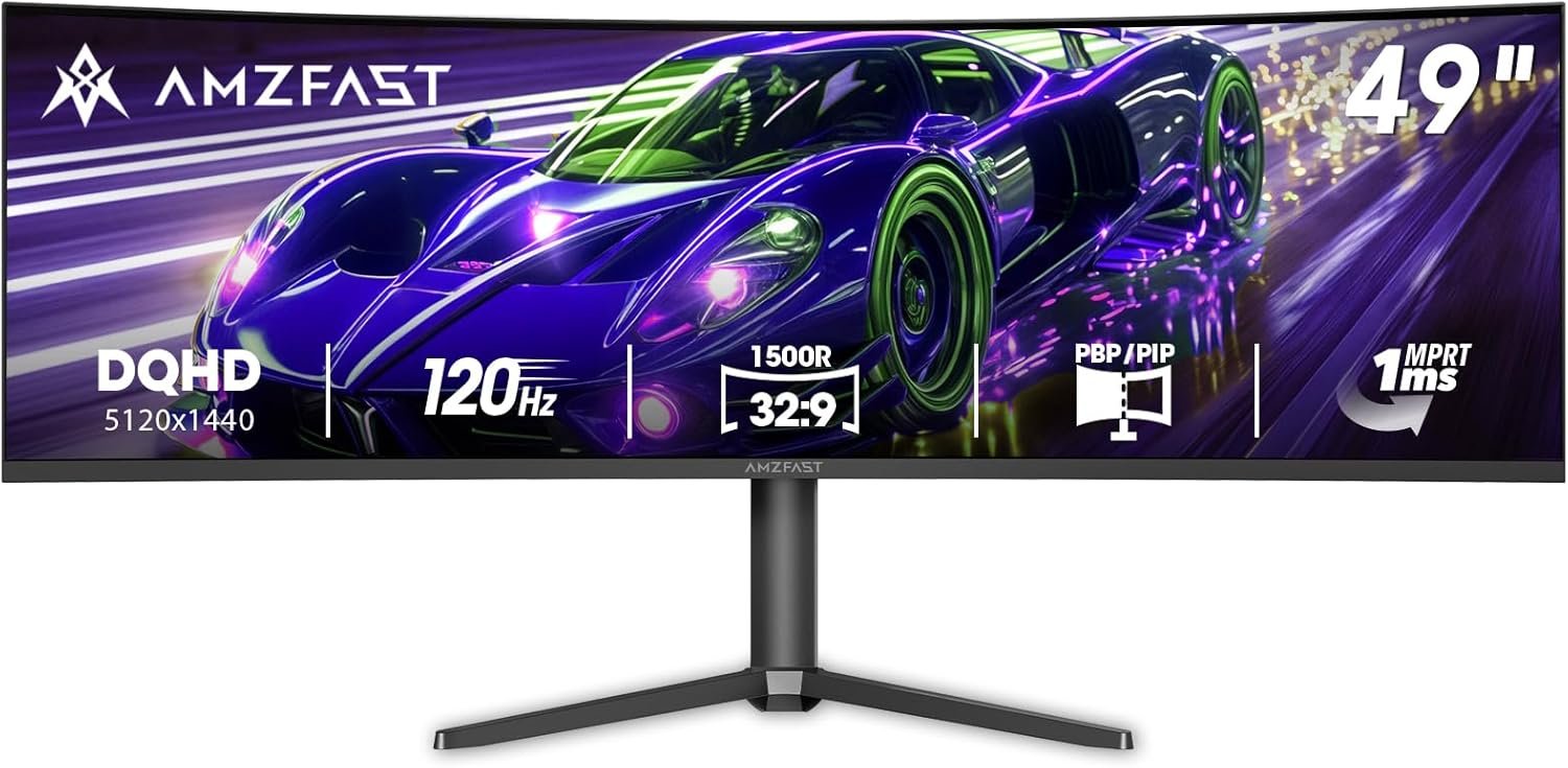 Amzfast 49 Inch Curved Monitor 120Hz DQHD (5120×1440) Ultrawide Gaming Monitor, 120% sRGB, 1500R, 1ms MPRT, HDR, Adaptive Sync, PIP/PBP, Height Adjustable, HDMI 2.0/DP 1.4, VESA 75×75, AMZG49C7U