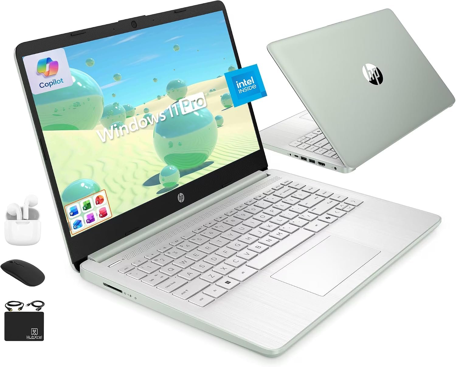 HP Ultrabook 14 Laptop Computer Business Study & Home 2025, Lifetime MS Office + Windows 11 Pro, Quad-Core Intel CPU, 16GB RAM & 628GB Storage (128GB UFS+500GB Ext), Wi-Fi 6, HubxcelAccessory, Geeen