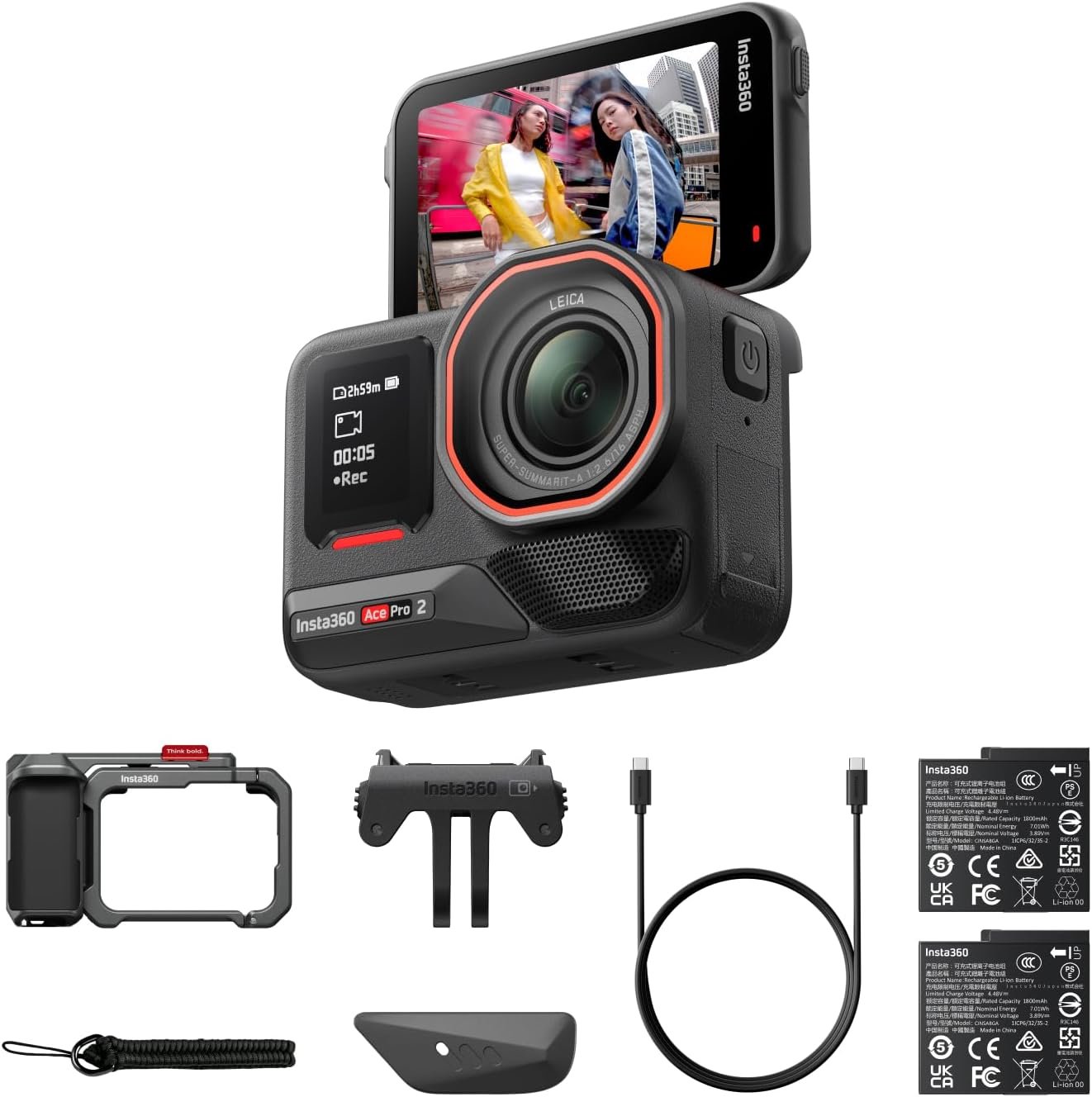 Insta360 Ace Pro 2 Xplorer Bundle Dual Battery- 8K Waterproof Action Camera Co-Engineered with Leica, 1/1.3″ Sensor, Dual AI Chip, Leading Low Light, Superior Audio, Flip Screen & AI Editing for Vlogs