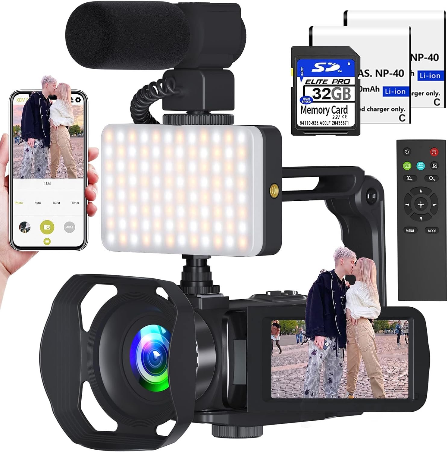 Video Camera 8k Camcorder 48MP UHD WiFi Vlogging Camera for YouTube with 18X Digital Zoom, IR Night Vision 3.0“ Touch Screen Recrding Camera with Microphone, 32G SD Card, Lens Hood, Remote, Batteries