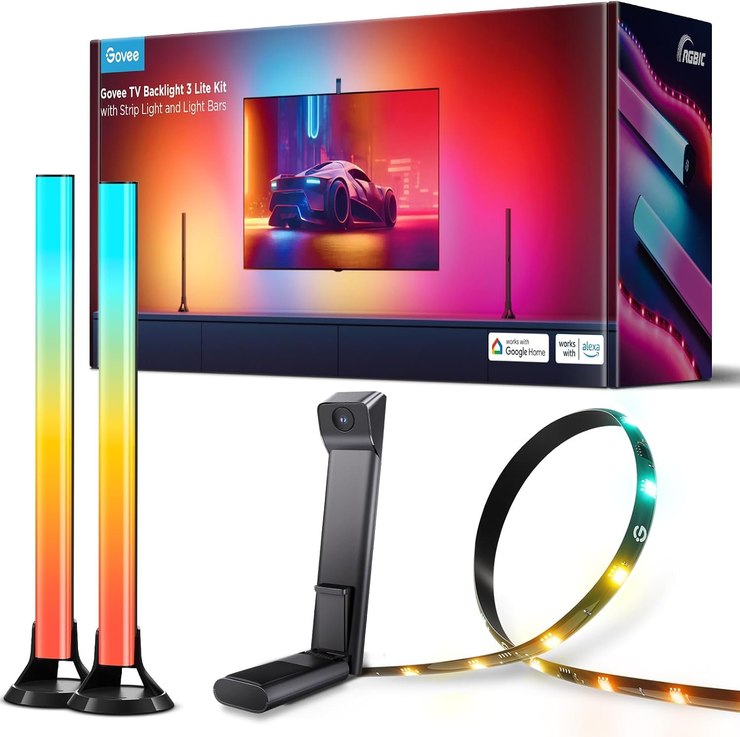 Govee TV Backlight 3 Lite Kit, 11.8ft RGBICW Wi-Fi TV LED Strip Lights for 55-65in TVs with Camera and 15 Inches Smart Light Bars with 4-in-1 Light Beads – Works with Alexa & Google Home