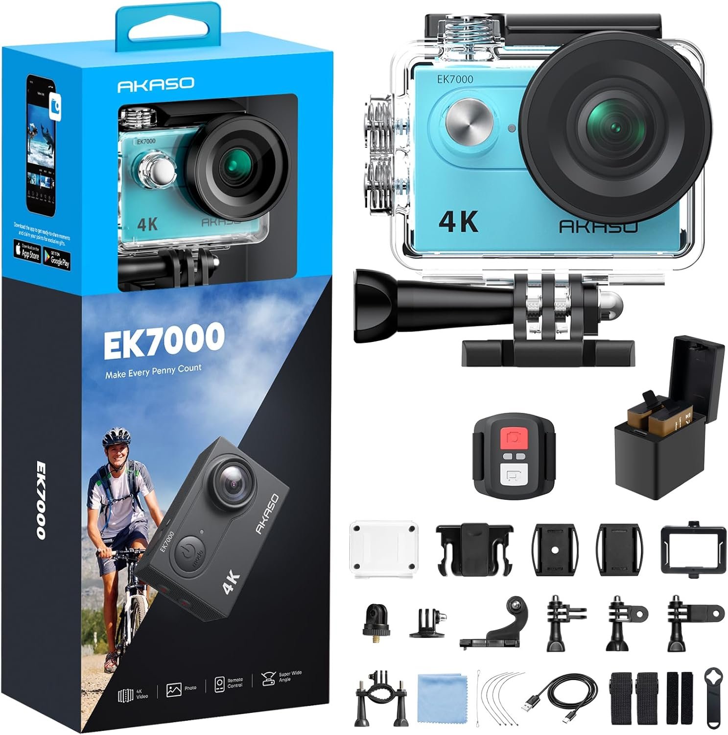 AKASO EK7000 4K30FPS 20MP WiFi Action Camera with EIS Ultra HD 131FT Waterproof Underwater Camera Remote Control 4X Zoom Support External Microphone Blue
