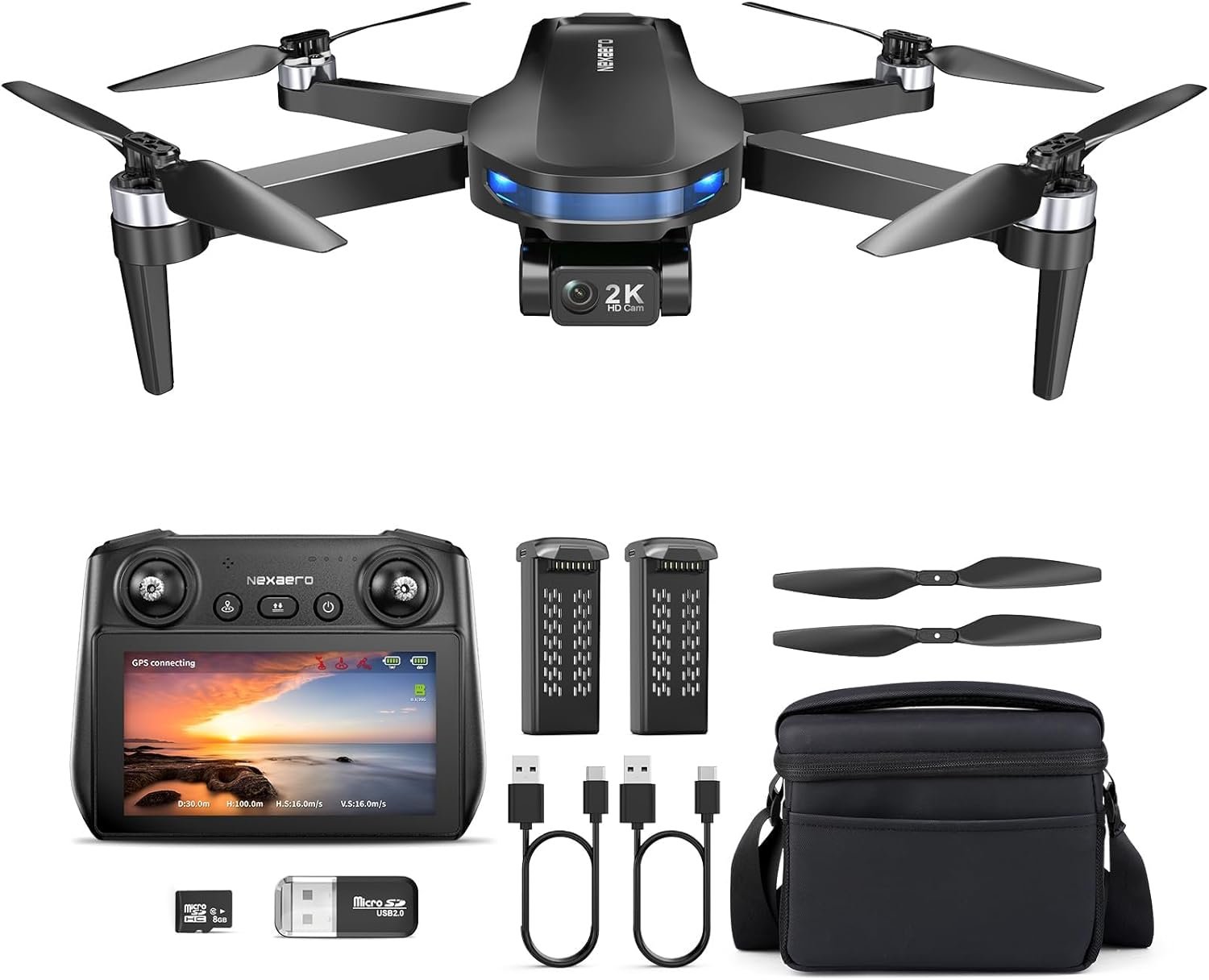 GPS Drone with EIS 2K Camera for Adults, 7.22 inch Screen on Remote Controller, 64 Mins Flight, Long Range Transmission, 3 Speed Adjustable, Follow Me, AI Track, AI Night Shot, Auto Return, Lightweight and Foldable RC Drones for Beginner Toy Gifts, Under 249g