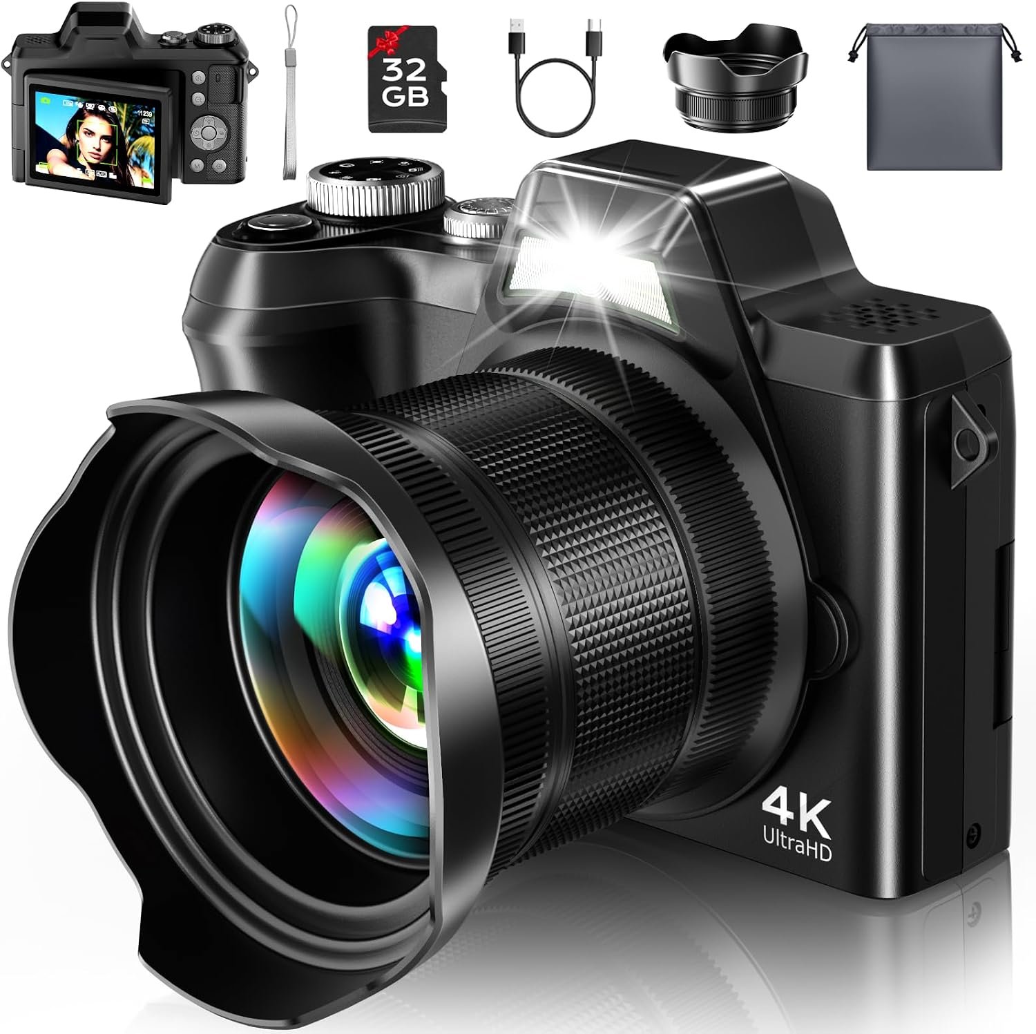 4K Digital Camera for Photography Travel, 56MP Autofocus Vlogging Camera for YouTube, 16X Zoom with 3″ 180°Flip Screen & Lens Hood, 32GB Card, Gift Ideas for Teens & Beginners
