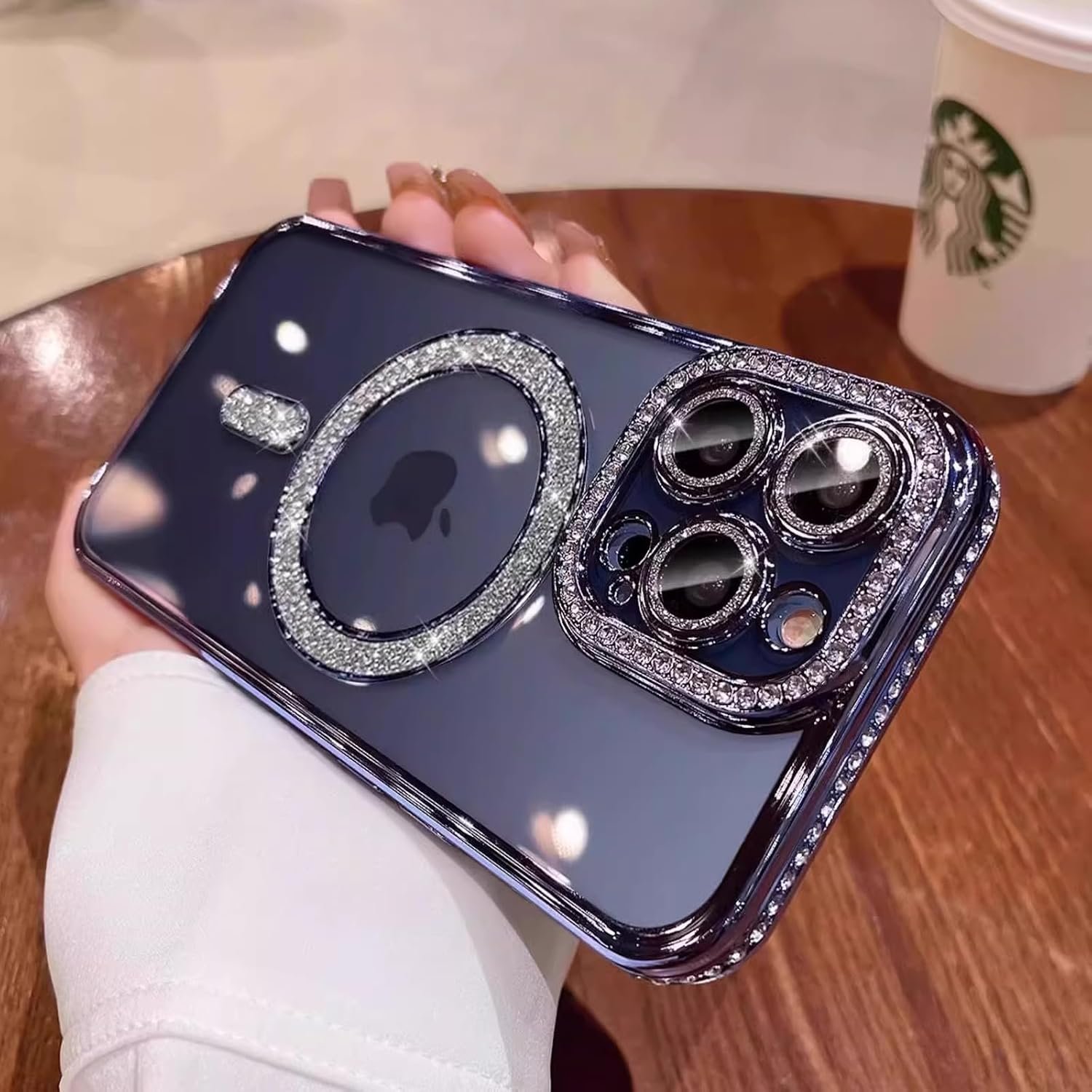 Magnetic Sparkle Diamond for iPhone 16 Pro Max Case（Compatible with MagSafe） Sparkle Diamond Camera Protection Shockproof Clear Cute Glitter Bling for Women and Girls,Blue