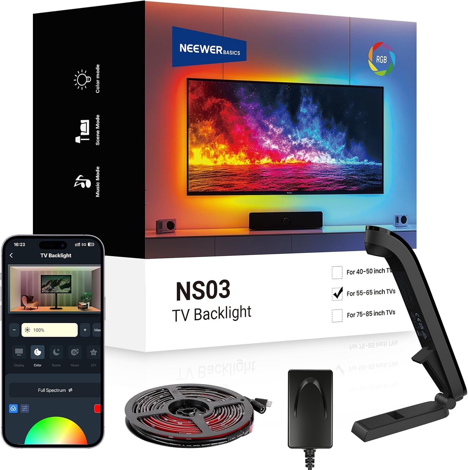 NEEWER Basics TV Backlight for 55″-65″ Screens, 11.8ft/3.6m LED RGB Light Strips with Sensor Change with TV, Scheduled On/Off, Zero Delay Color Sync, Music Sync, 24 Scenes, Supports App Control, NS03