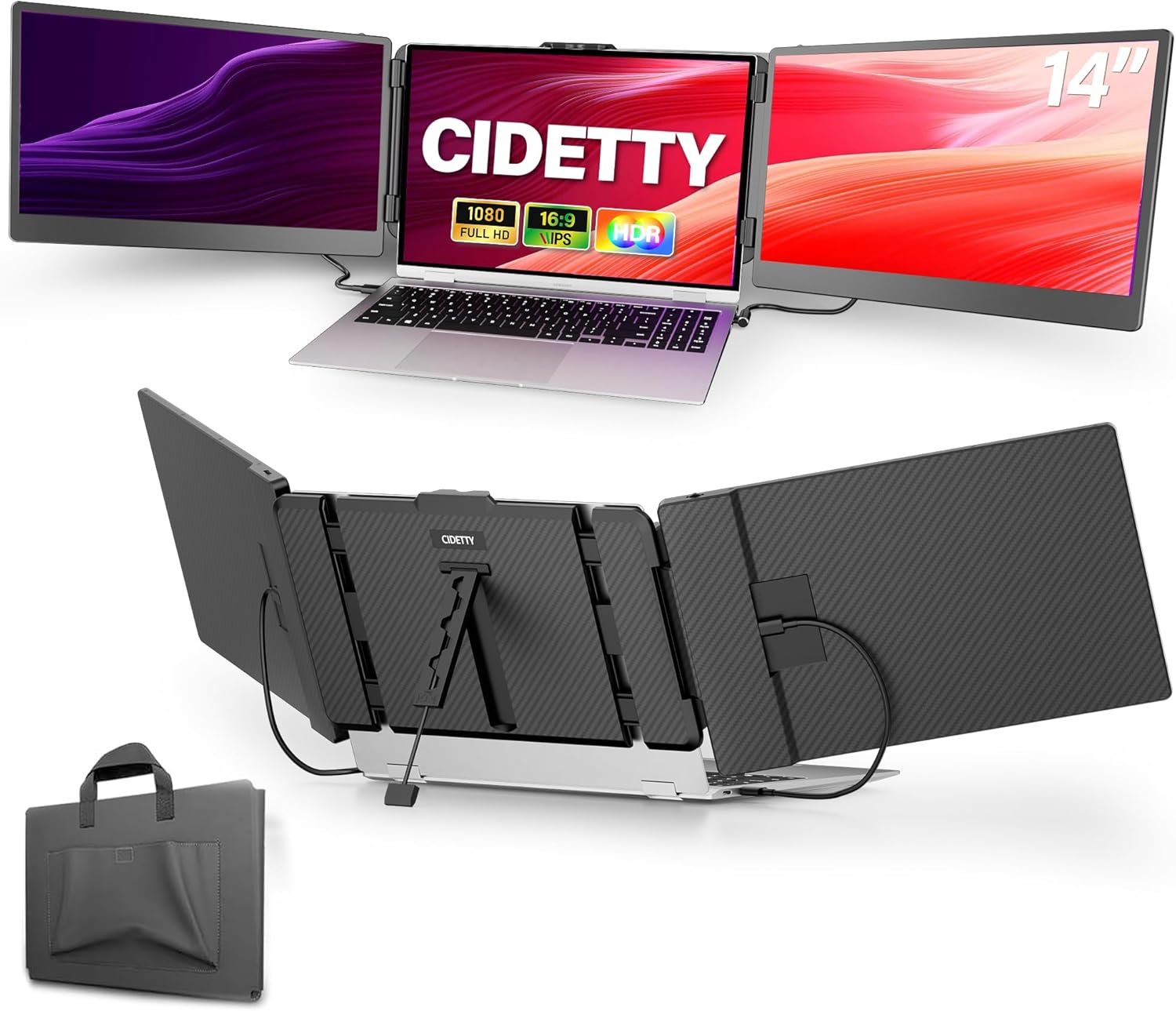 CIDETTY Laptop Screen Extender, 14” FHD 1080P IPS Ultra-Thin Dual/Triple Monitor Display, HDMI/USB-C Plug-Play Portable Monitor for Laptop, Built-in Speakers(Mac, Win, Android)