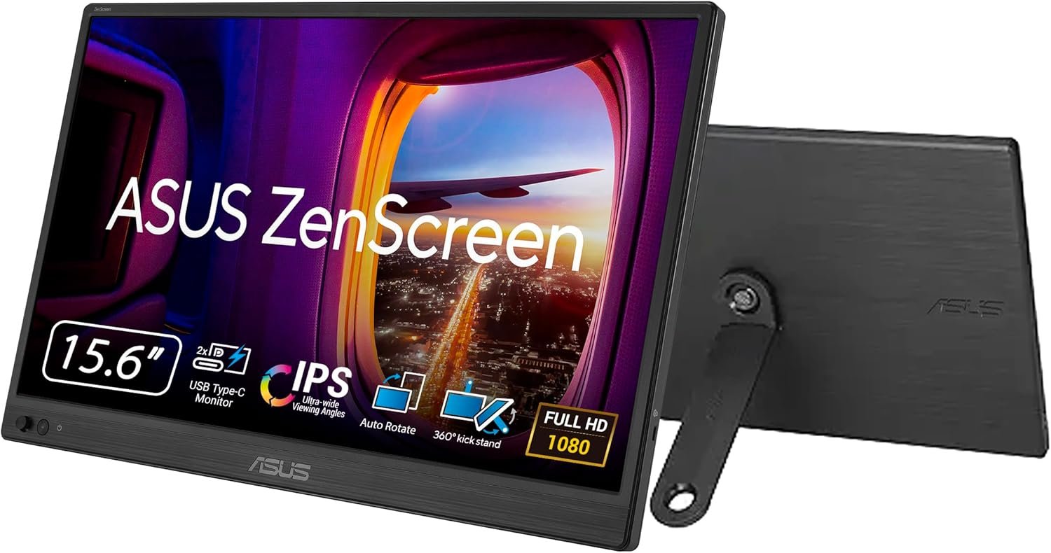 ASUS ZenScreen 15.6” Portable Monitor for Laptop (MB169CK) – Dual USB-C, Mini-HDMI, Plug & Play External Screen for Travel Dual Setup, Full HD, IPS, Anti-Glare Surface, 360° Kickstand, 3yr Warranty