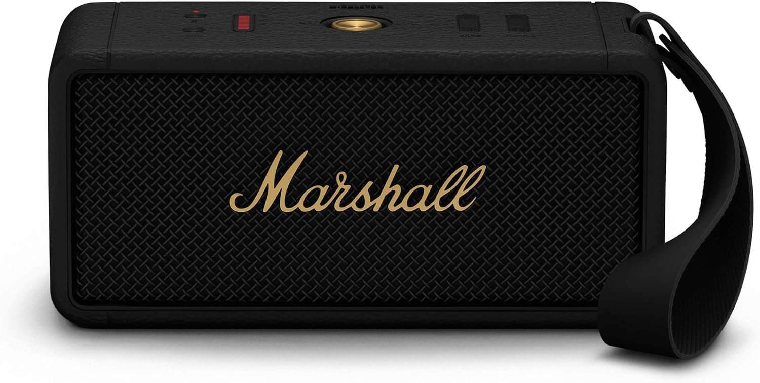 Marshall Middleton Portable Bluetooth Speaker – Rugged Waterproof/Dust-proof Design | Loud Stereo Sound, Deep Bass | Compact and Wireless for Travel and Outdoors – Black and Brass