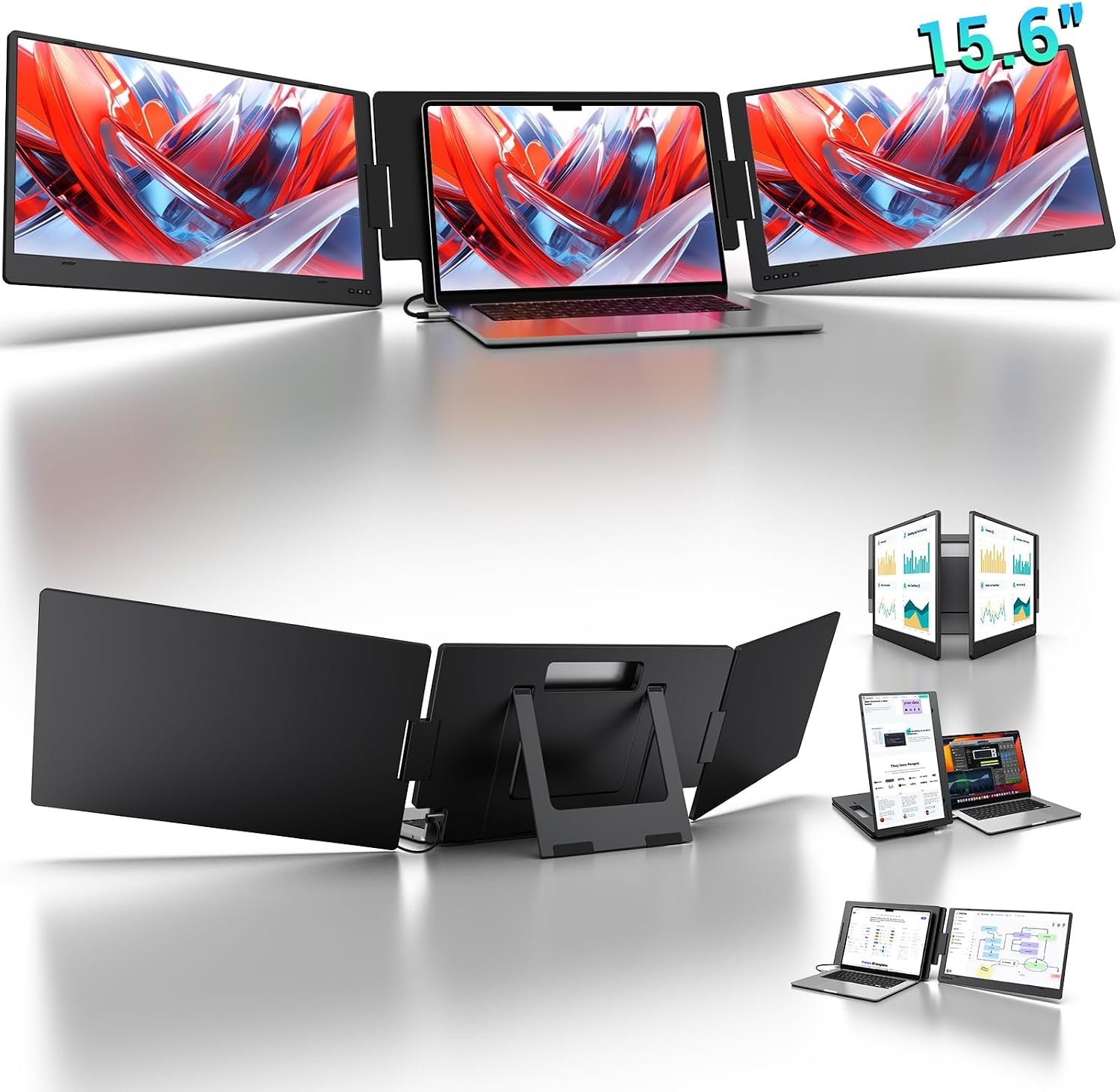 KYY 15.6″ Laptop Screen Extender, 1080P FHD IPS Portable Monitor, One Cable USB-C Triple Monitor, Dual Travel Screen for 12″-17” Laptops, 360° Rotation & Kickstand，X90D (Driver Need)