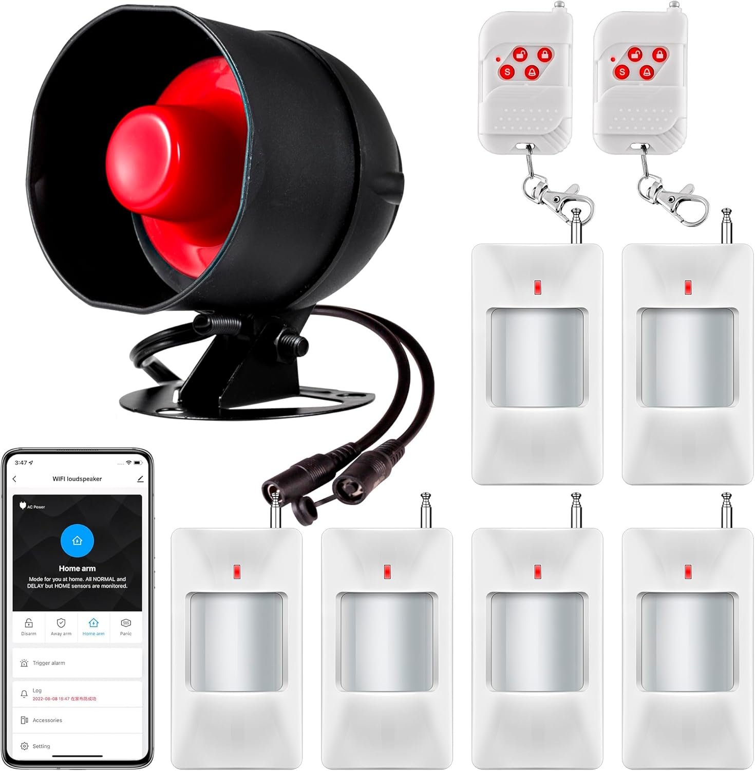 WiFi Alarm System for Home Security, 120dB Wireless Alarm Security System with Free Notification APP Control and Motion Sensor Siren, Remote Control for Shed Garage
