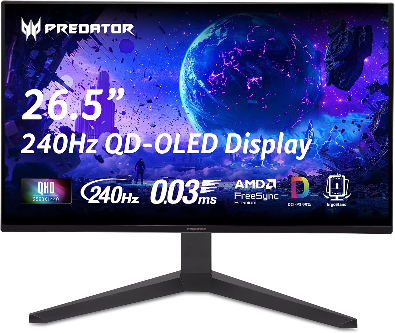 Acer Predator Gaming Monitor | 26.5″ WQHD 2560×1440 QD-OLED | AMD FreeSync Premium | 240Hz | 0.03ms | Tilt, Height Adjustment, Pivot & Swivel | DCI-P3 99% | 2 x DP 1.4 & 2 x HDMI 2.1 | X27U W1bmiipprx