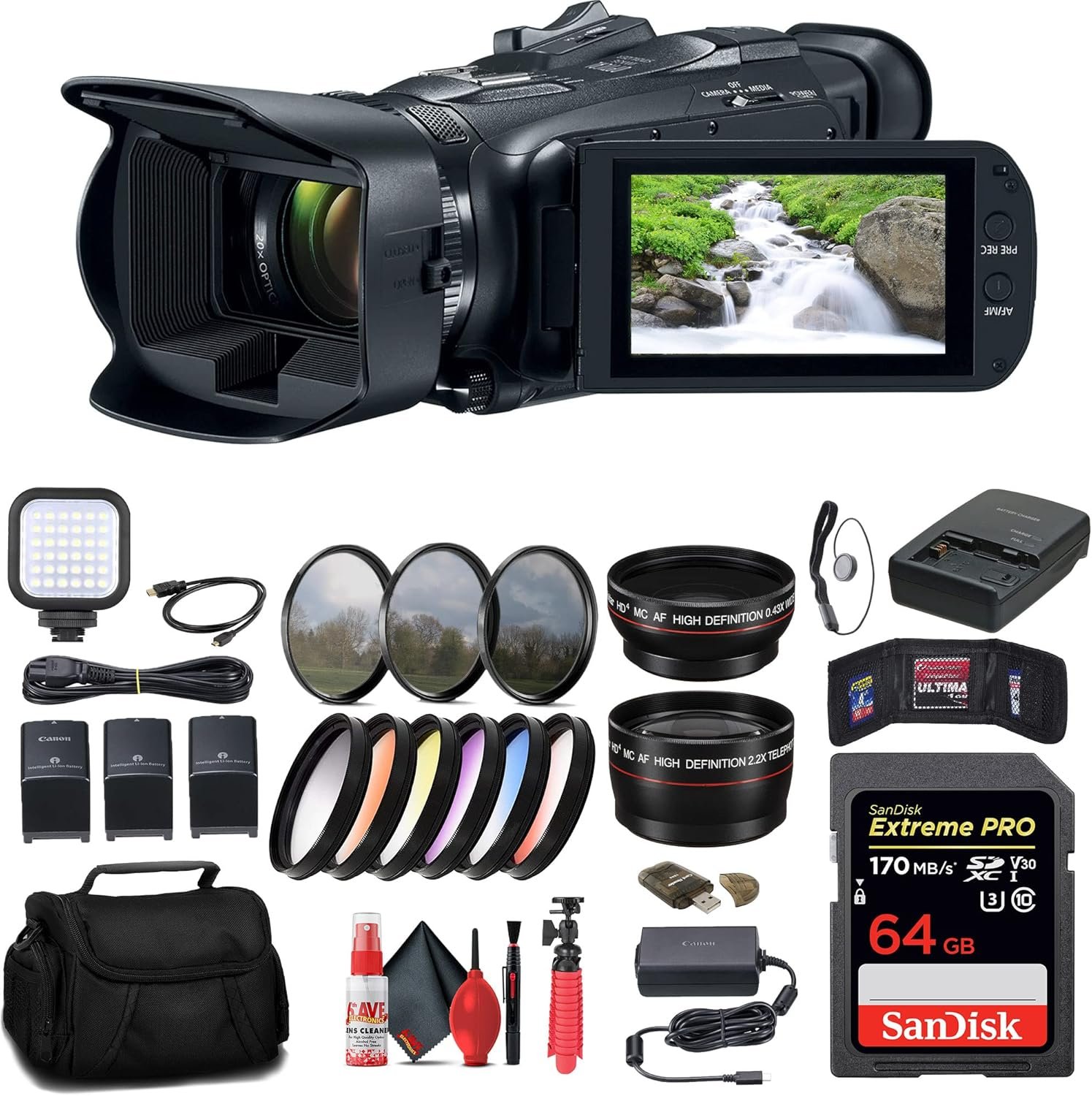 Canon Vixia HF G70 UHD 4K Camcorder (Black) (5734C002) + 64GB Memory Card + 2 x BP828 Battery + BP820 Charger + Color Filter Kit + Bag + Wide Angle Lens + Telephoto Lens + More