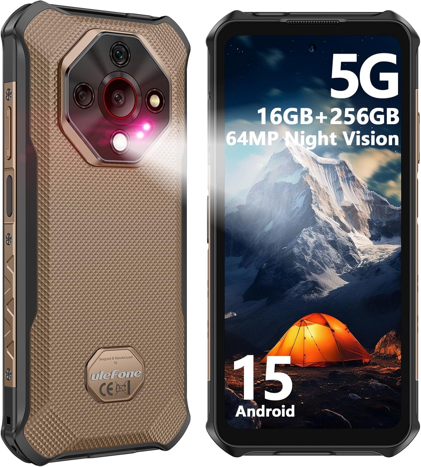 Ulefone Armor X16 Pro 5G Rugged Smartphone, 16GB+256GB MTK Dimensity 6300 Android 15, 64MP+25MP Main Camera, 10360mAh, 6.56″ 120Hz Corning Gorilla Screen, IP68/69K Waterproof, Widevine L1 – Sand Dune