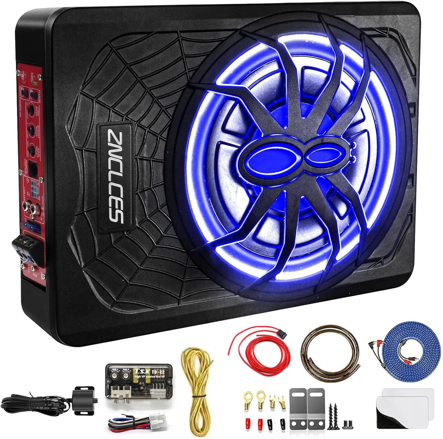Znclces 2025 Upgraded 10″ 1200W Slim Under Seat Powered Car Subwoofer, Car/Truck Sub Built in Amplifier for Outstanding Heat Dissipation, Powerful bass and Blue LED (Blue Light)