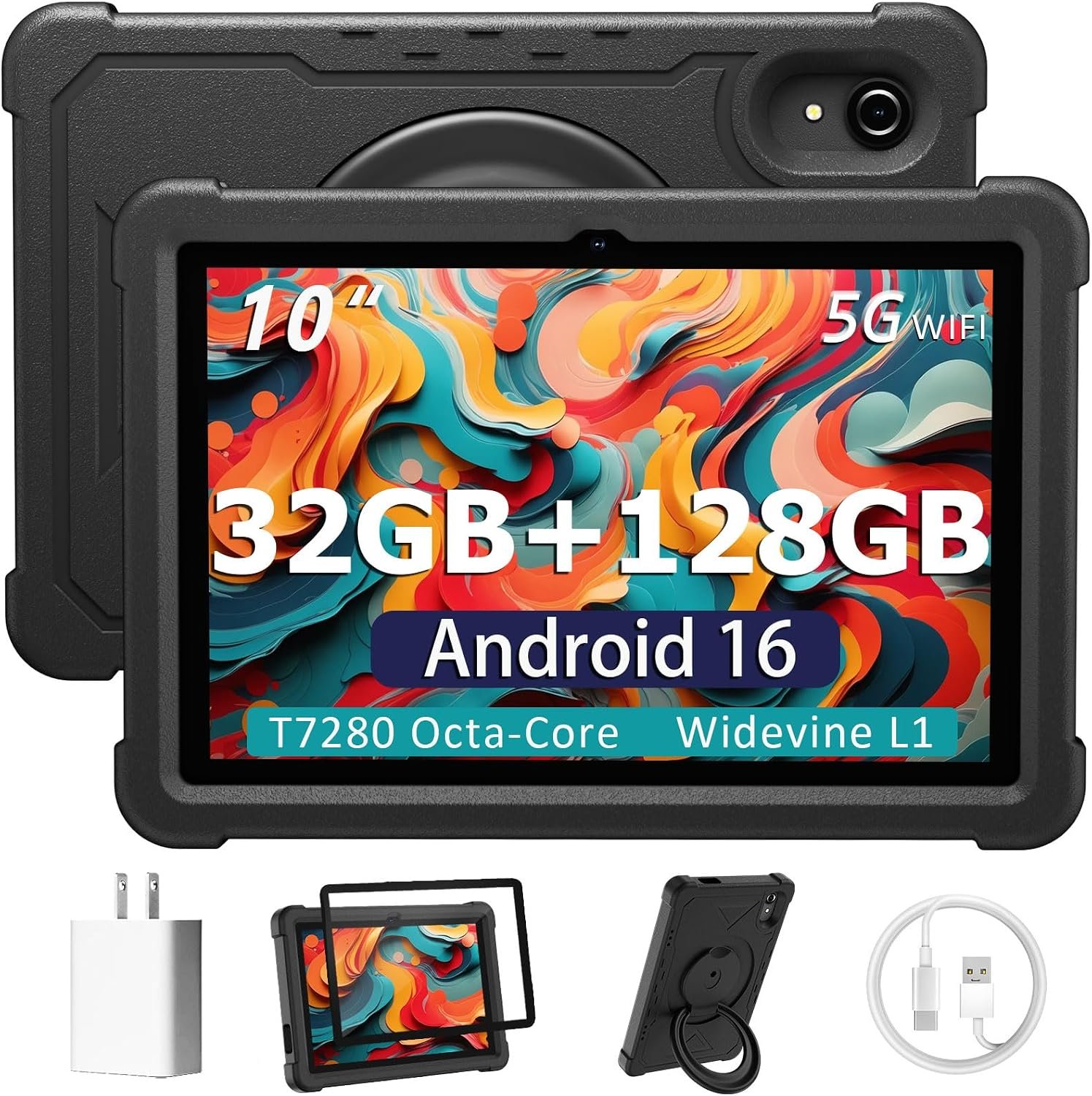 HUIHUANG Tablet 10 Inch Android 16 Tablet, 32GB RAM 128GB ROM, 1TB Expansion, T7280 Octa-Core, Tough Tablet Large Capacity Battery, Dual Camera, 5G/2.4G WiFi, Bluetooth 5.2, GPS – Black (Black)