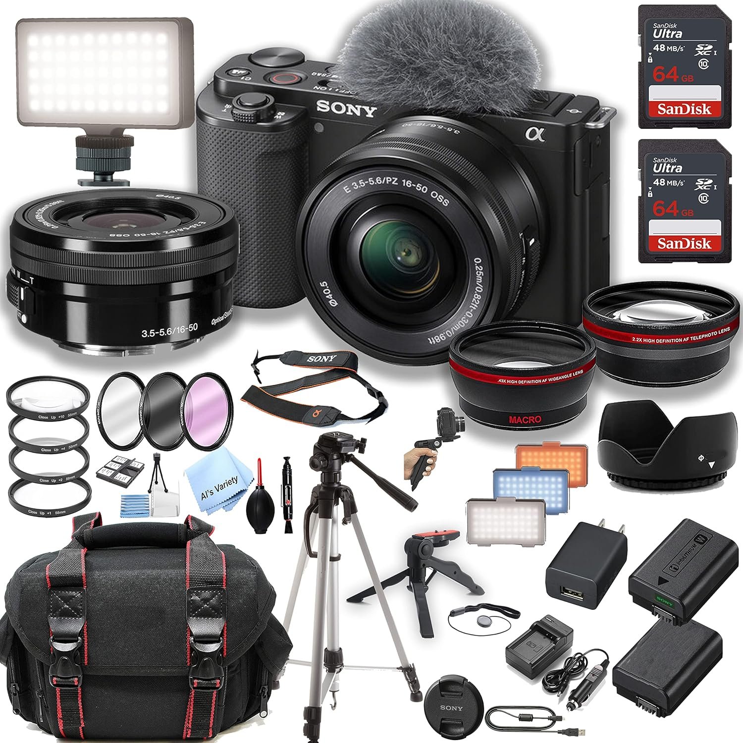 Sony ZV-E10 Mirrorless Camera with 16-50mm Lens + 2pcs 64GB Memory + LED Video Light + Case+ Tripod + Steady Grip Pod + Filters + Macro + 2X Lens + 2X Batteries + More (40pc Bundle) (Renewed)