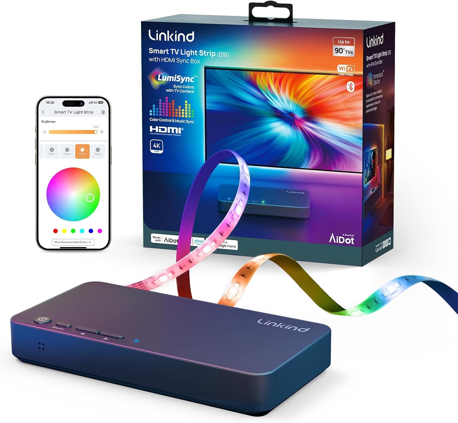 Linkind AI Sync TV Backlight Kit, HDMI 2.0 LED Strip with Decor Lighting for Home, Sync to Movie/Game/Music, 4K@60Hz for 27-90 inch TVs, Compatible with Alexa and Google Assistant