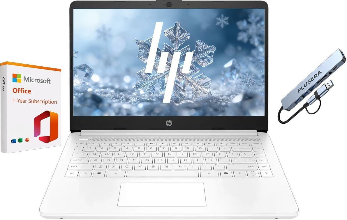 HP 14″ Business Laptop with 1-Year Office 365 Included, 8GB RAM 576GB Storage (64GB eMMC+512GB SD Card), Dual-Core Intel Processor, Windows 11, Snowflake White
