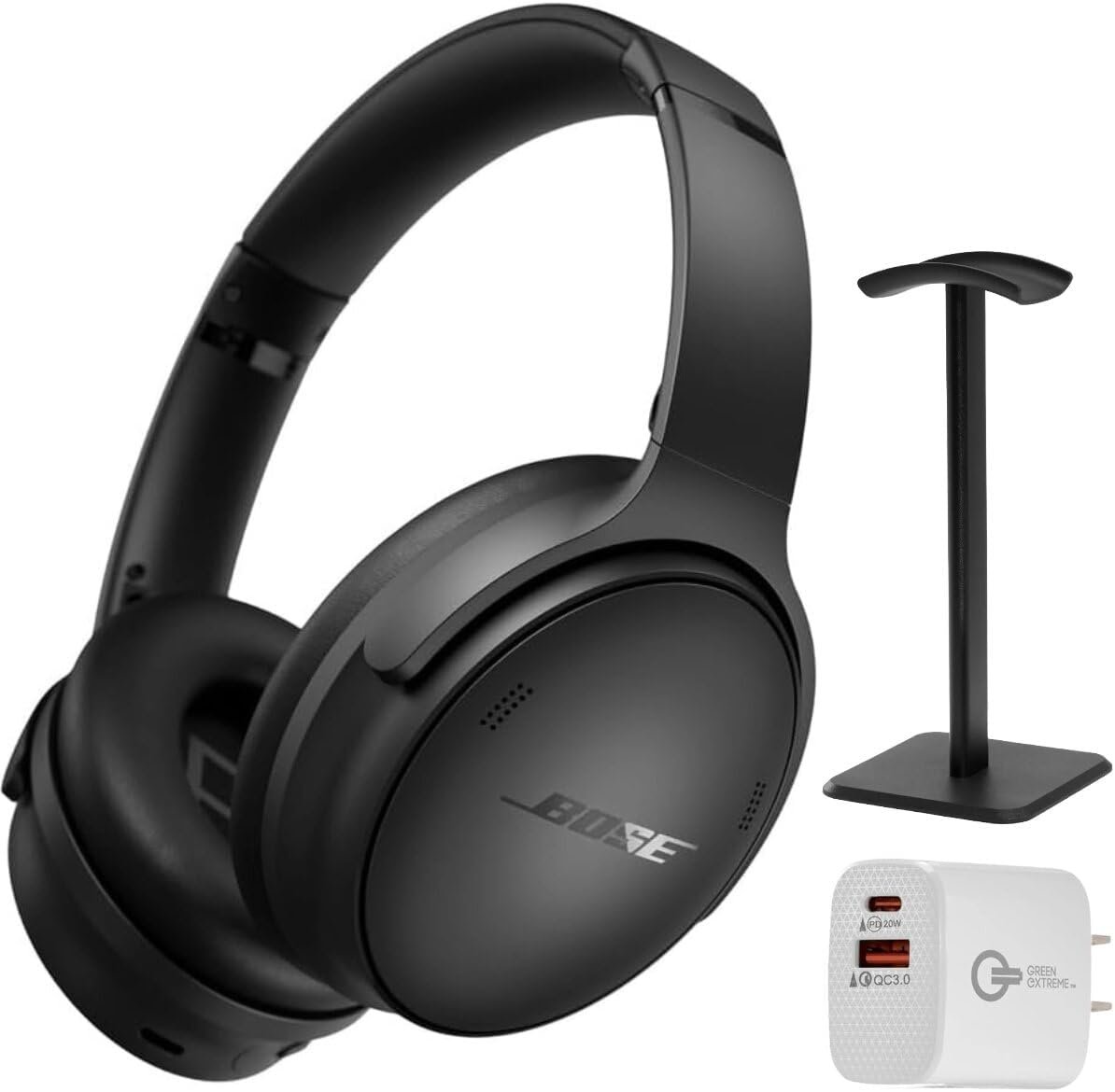 Bose QuietComfort Headphones – Wireless Bluetooth Headphones, Active Over Ear Noise Cancelling and Mic, Deep Bass Bundle + Desktop Headphone Stand + Green Extreme Dual Wall Charger (Black)