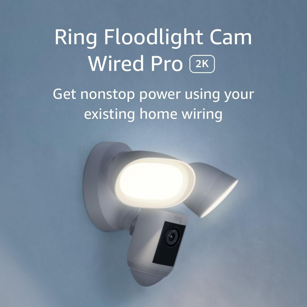Like-New Ring Floodlight Cam Wired Pro with Bird’s Eye View and 3D Motion Detection, White