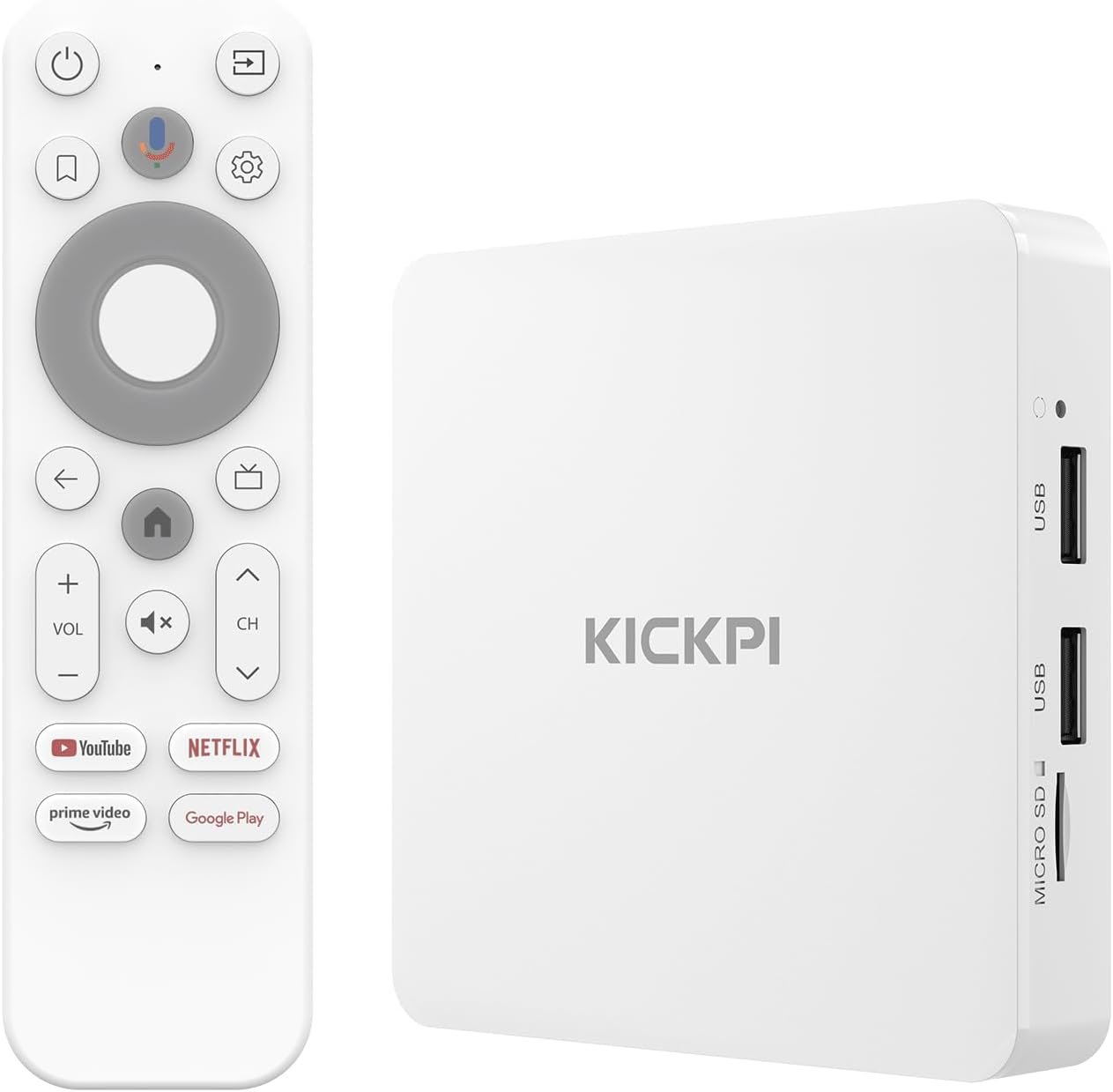 KP1 Android TV Box 14.0 Google Certified 4K Streaming Device with Voice Search 2GB RAM 16GB ROM, Dolby Audio, Bluetooth 5.0 Chromecast Built-in, Smart Home Control (White)