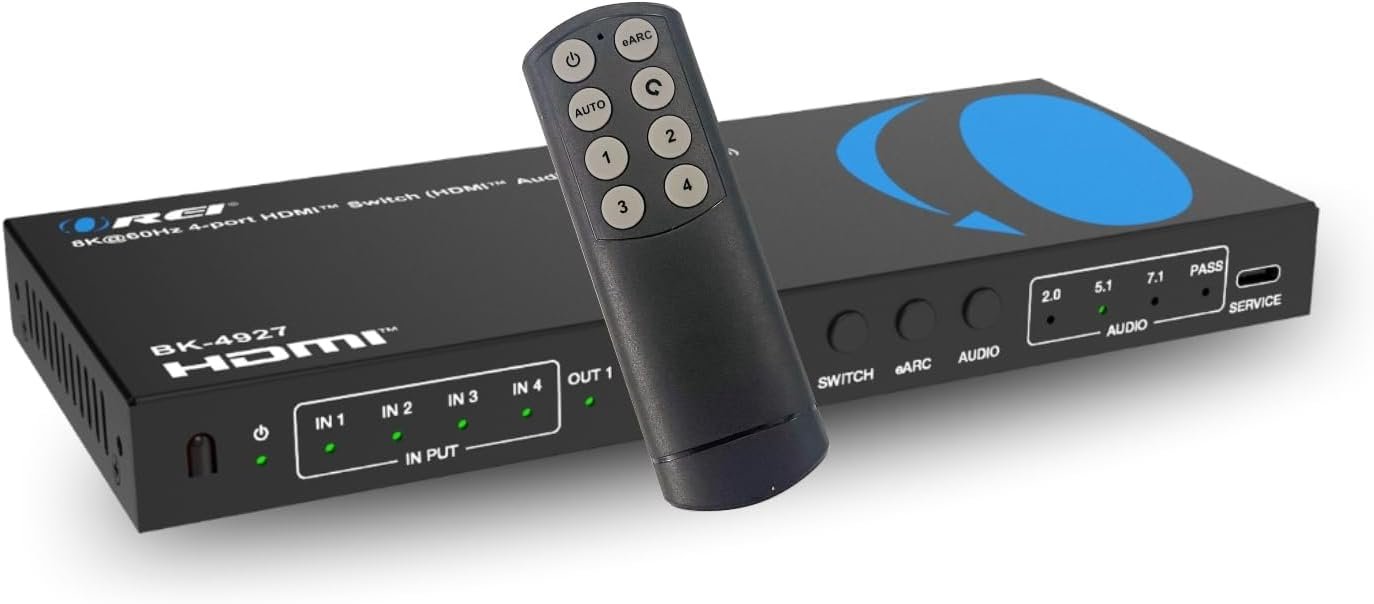 OREI 8K 4-Port HDMI Audio Extractor Switch 4×1 with eARC/ARC Support – 48Gbps HDMI 2.1, 4K@120Hz, Dolby Vision, Dolby Atmos, CEC, HDR10+, eARC to HDMI Output for AV Receiver, Remote Control – BK-4927